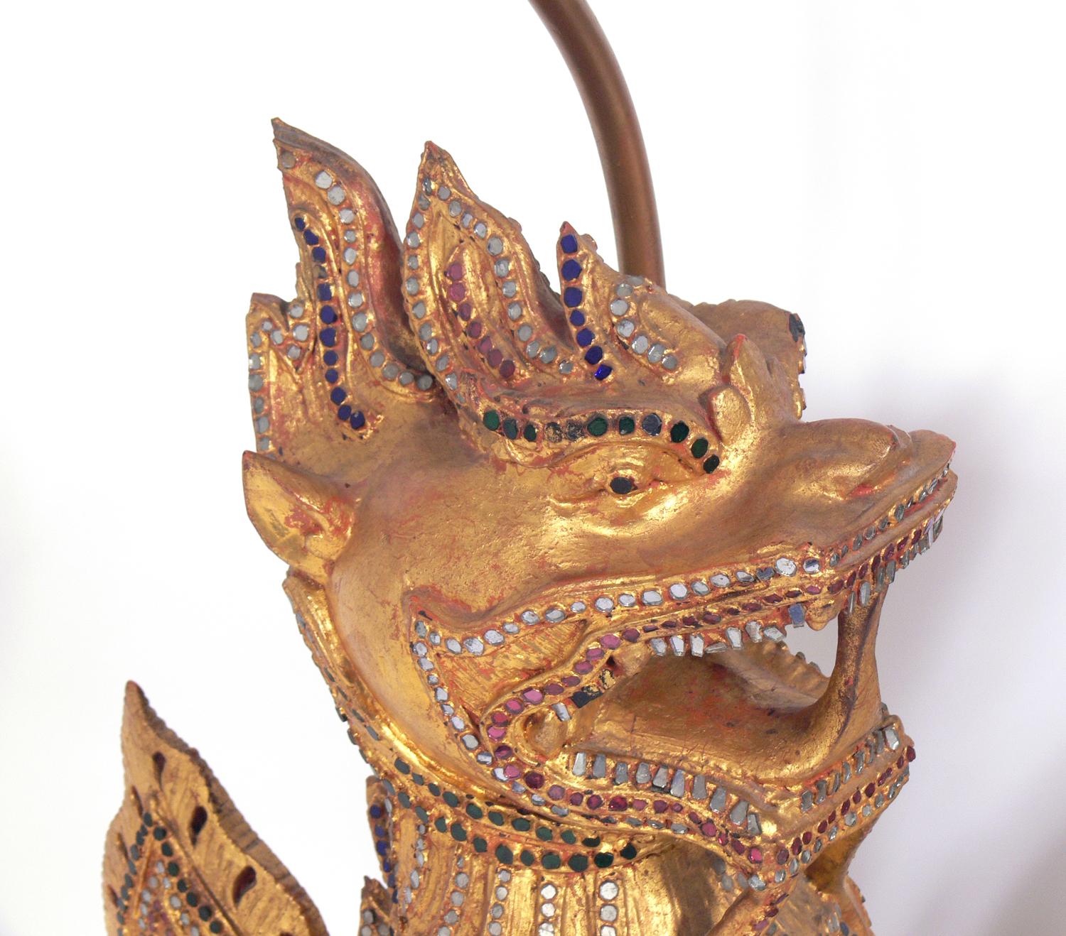 Thai Gilt Foo Dog Lamps in the Manner of Tony Duquette, circa 1940s