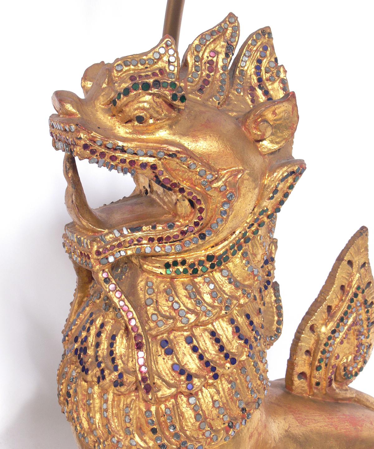 Gilt Foo Dog Lamps in the Manner of Tony Duquette, circa 1940s In Good Condition In Atlanta, GA