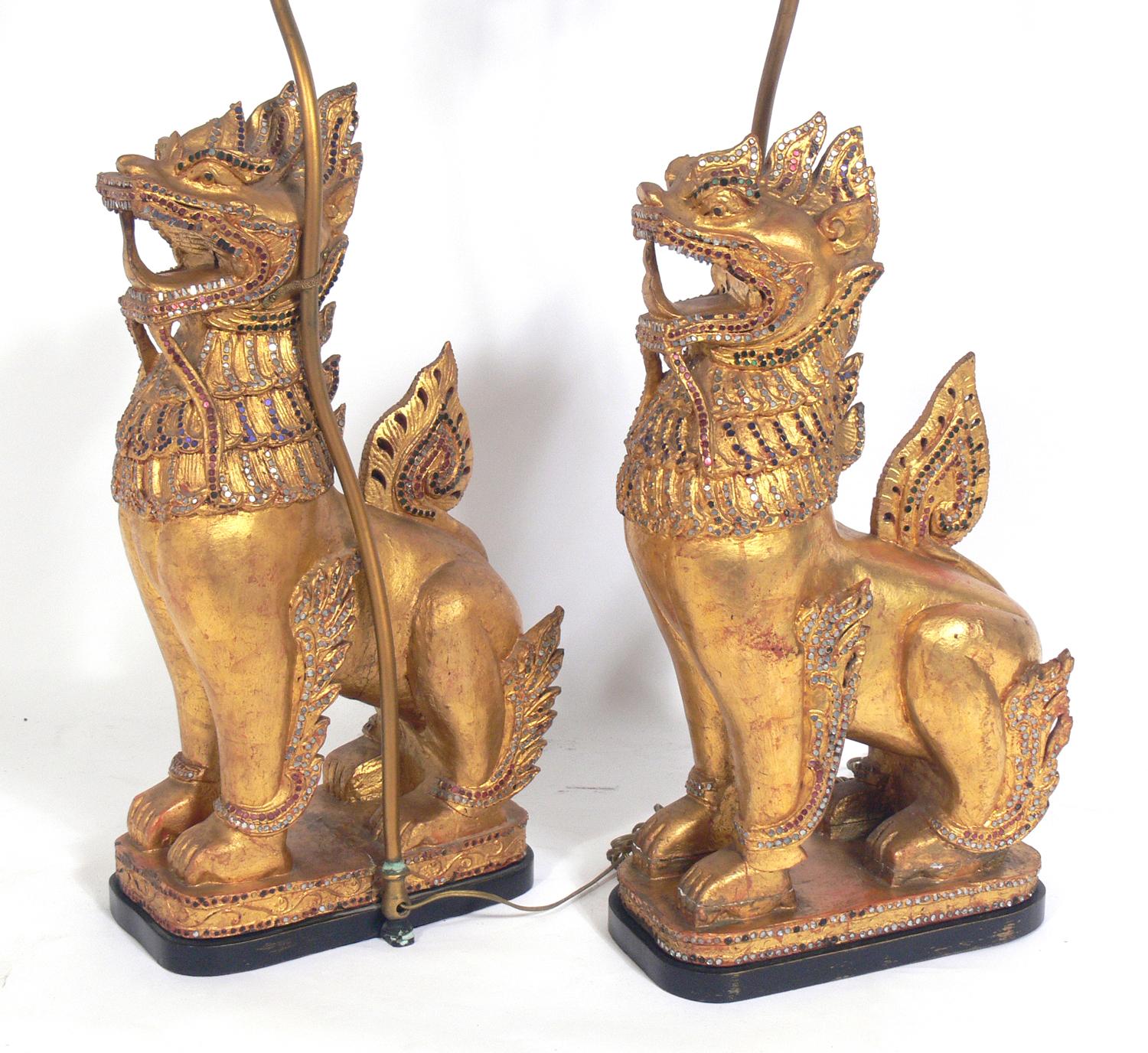 Mid-20th Century Gilt Foo Dog Lamps in the Manner of Tony Duquette, circa 1940s