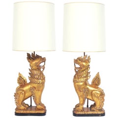 Gilt Foo Dog Lamps in the Manner of Tony Duquette, circa 1940s