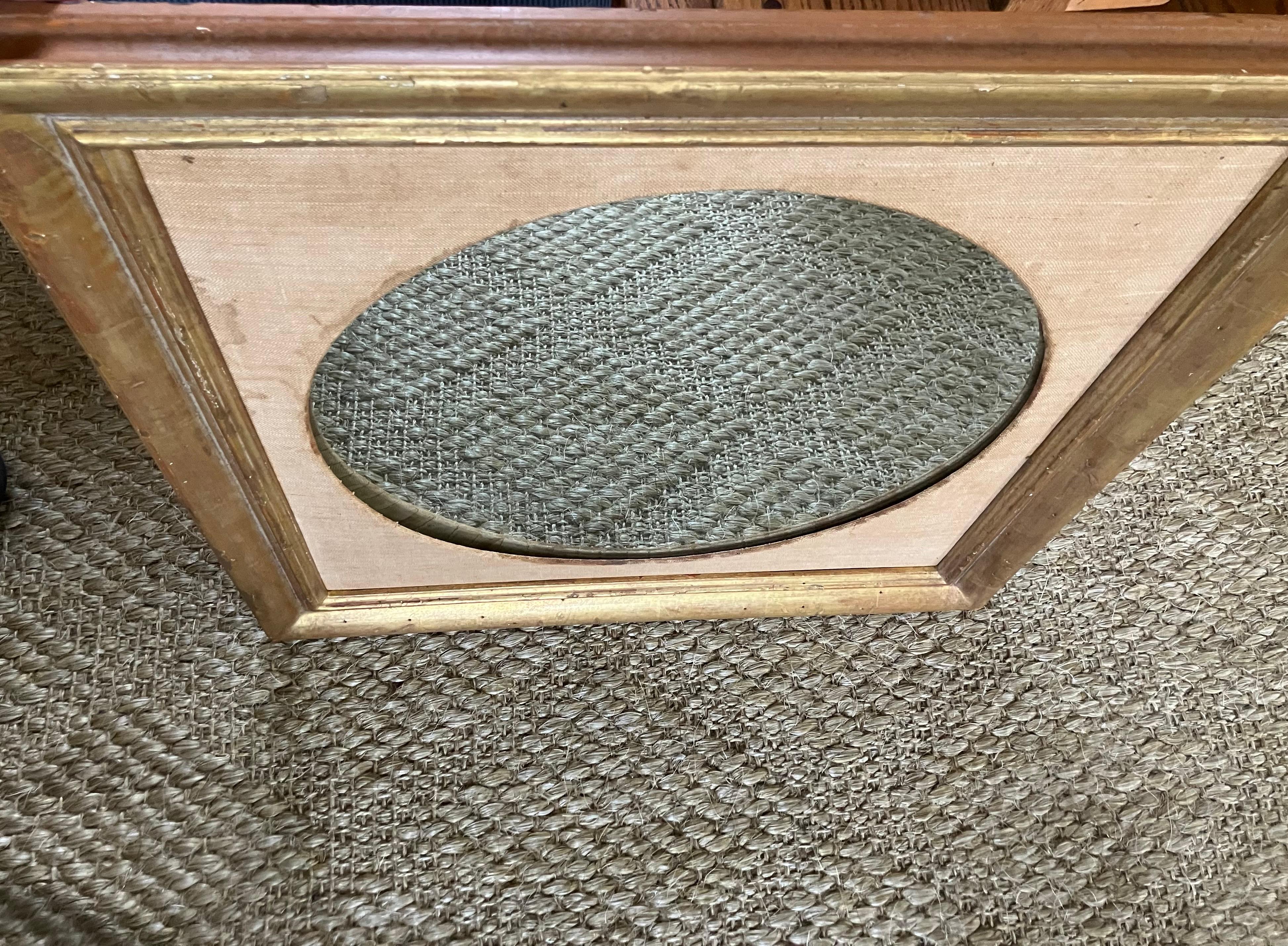 Gilt frame round mirror. Vintage circular linen matted mirror in neoclassical style gilt frame. Italy, 20th Century

Dimensions: 19.75