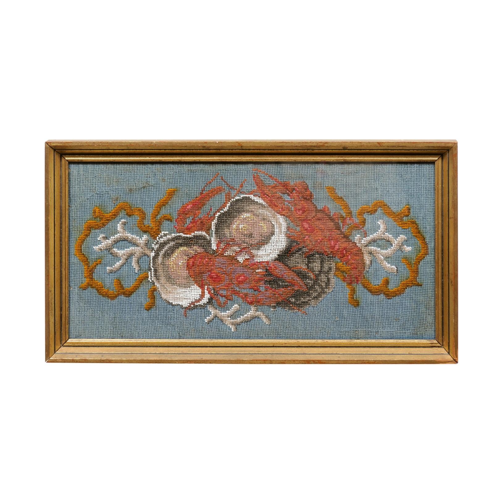 Gilt Framed 19th Century Needlepoint with Coral & Seashells, Blue Ground