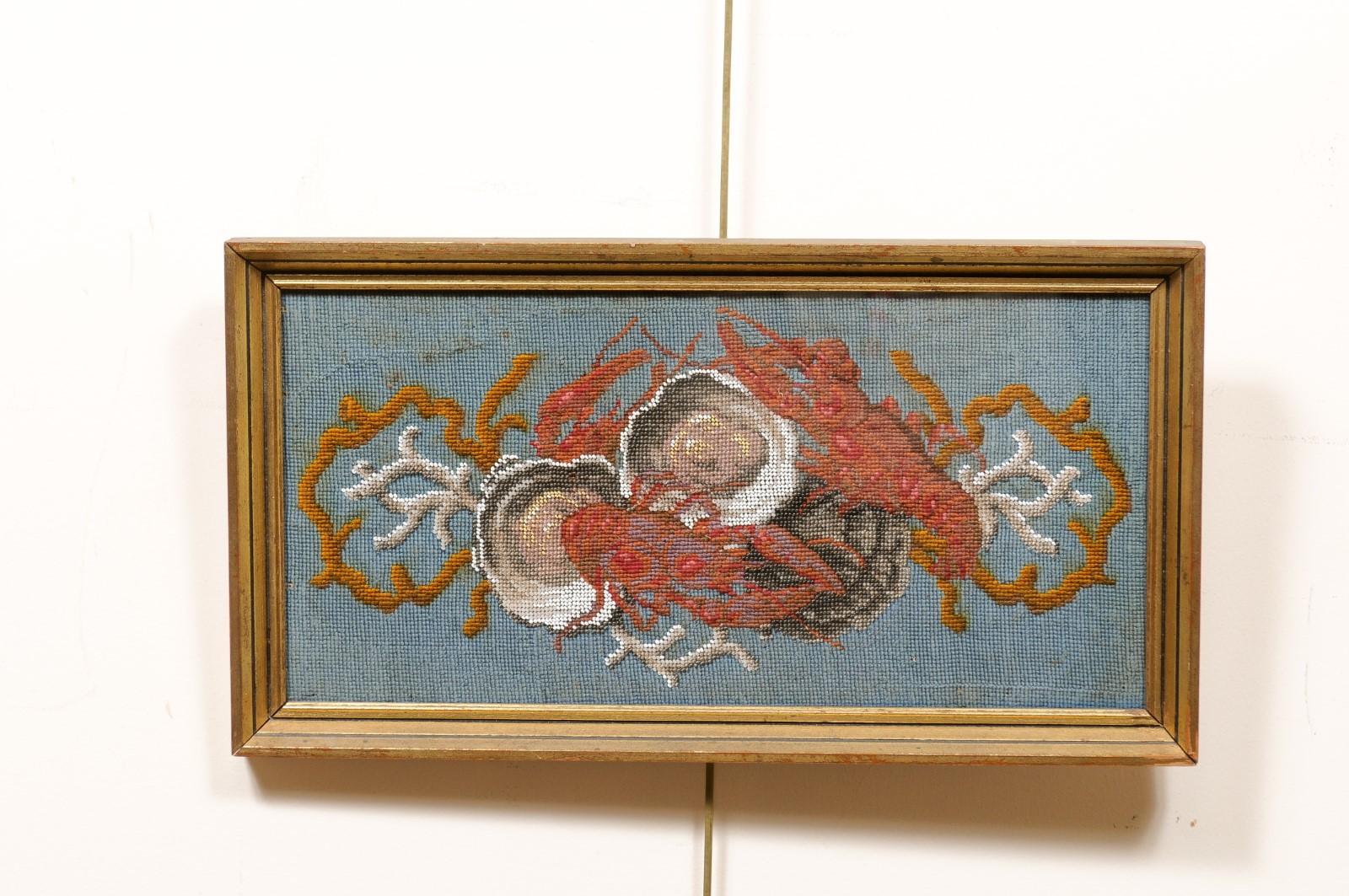 Gilt Framed 19th Century Needlepoint with Coral & Seashells In Good Condition For Sale In Atlanta, GA