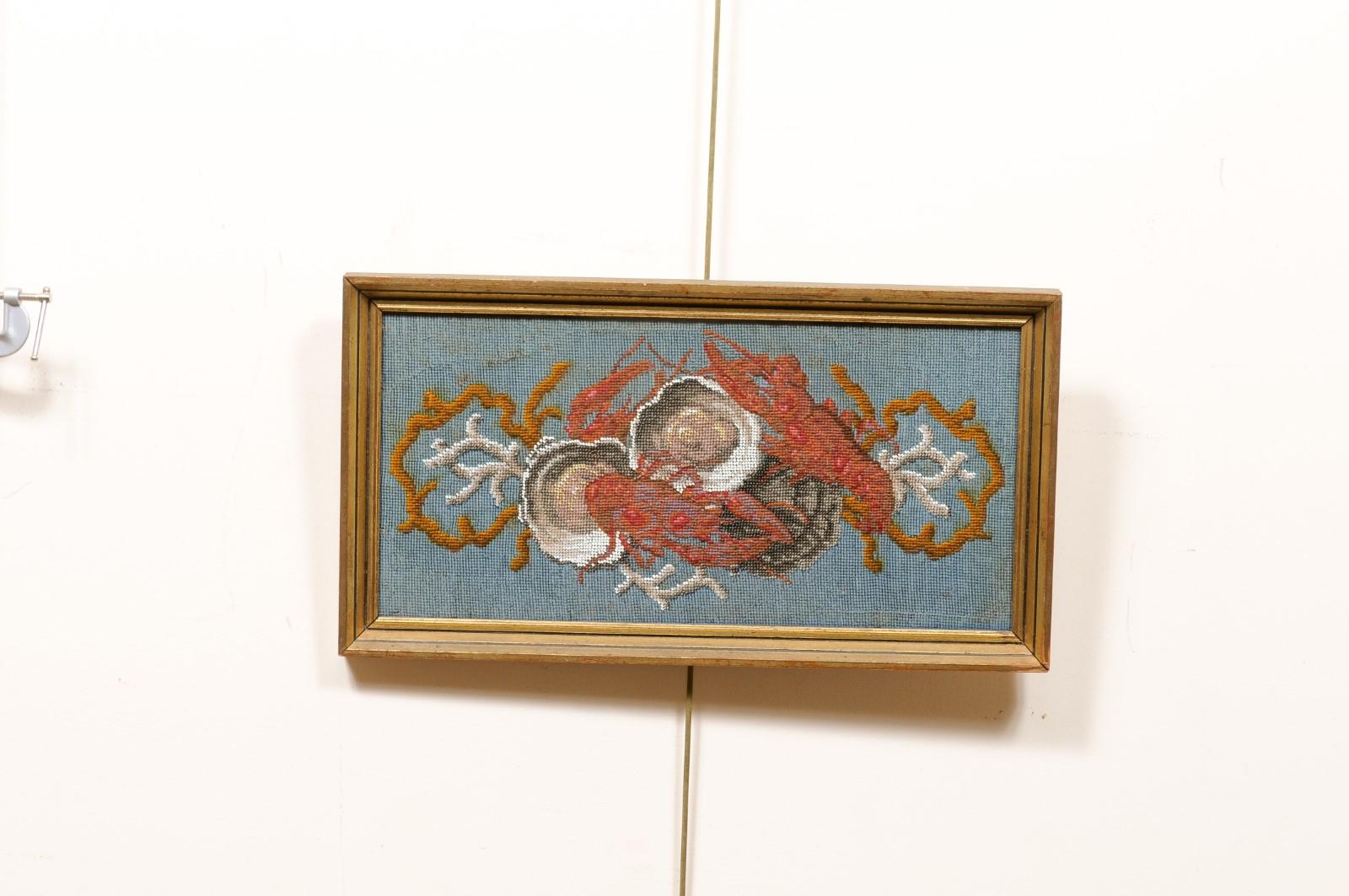 Wood Gilt Framed 19th Century Needlepoint with Coral & Seashells For Sale