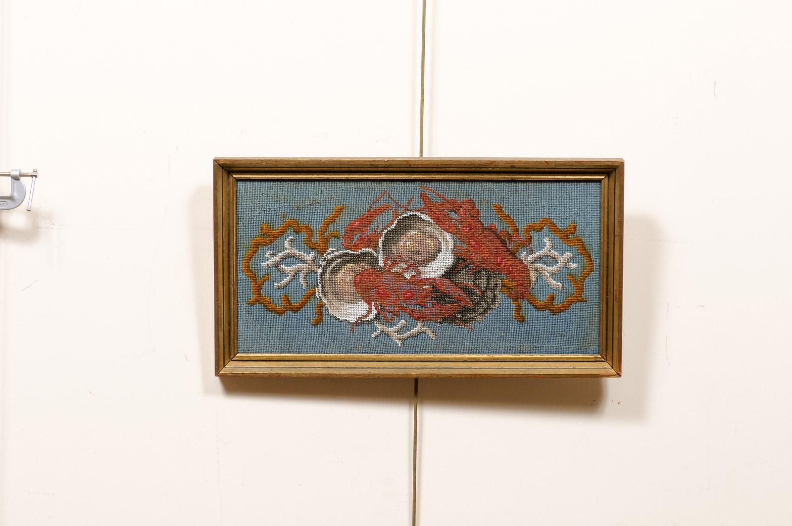 Gilt Framed 19th Century Needlepoint with Coral & Seashells For Sale 1