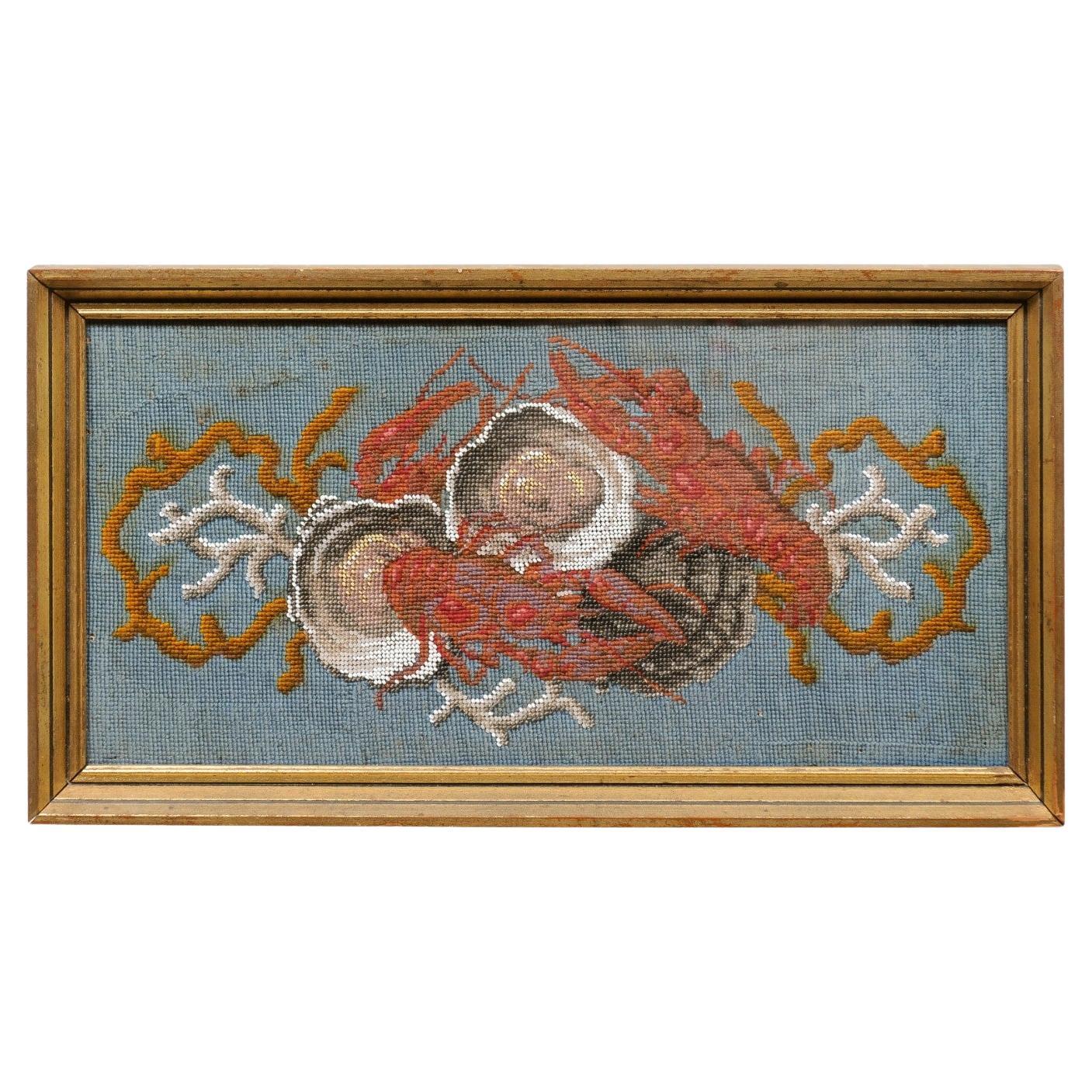 Gilt Framed 19th Century Needlepoint with Coral & Seashells For Sale