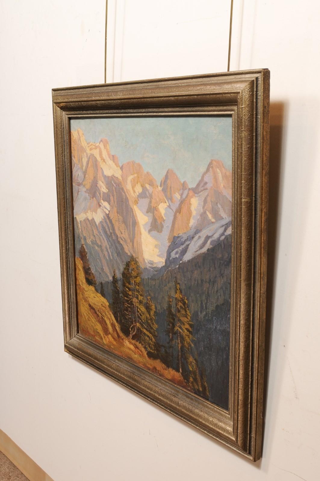 Gilt Framed Austrian Oil on Canvas Landscape Painting of the Alps Mountain Range For Sale 6