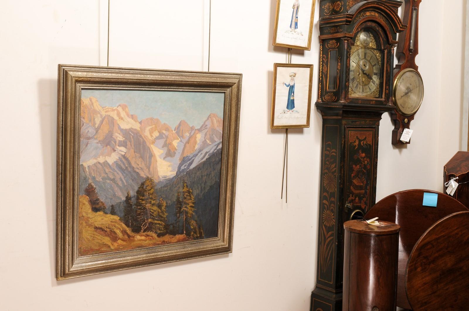 Gilt Framed Austrian Oil on Canvas Landscape Painting of the Alps Mountain Range For Sale 7