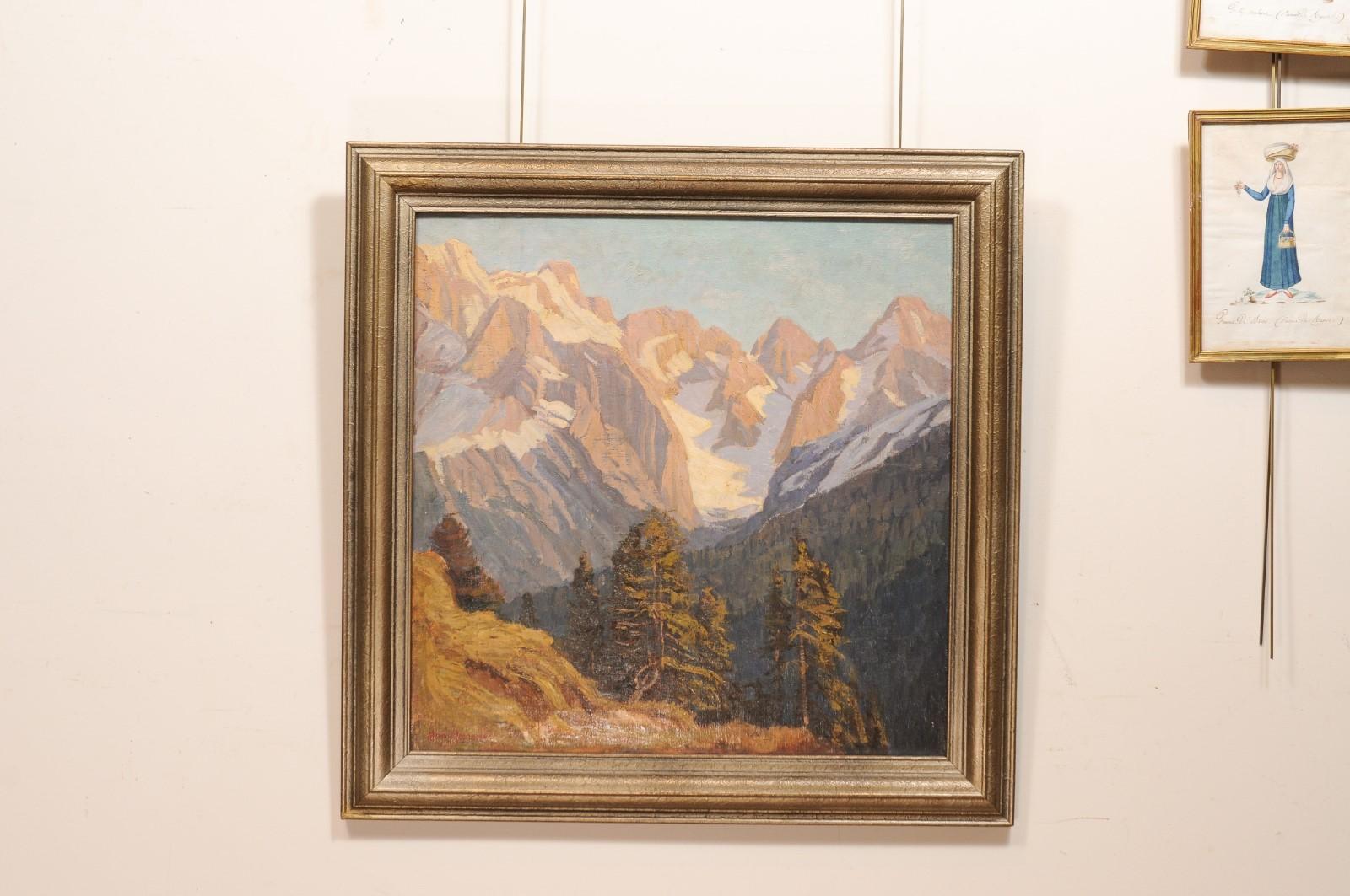 Gilt Framed Austrian Oil on Canvas Landscape Painting of the Alps Mountain Range, 20th Century