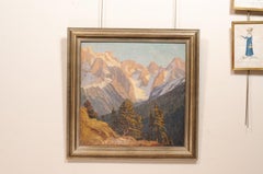 Gilt Framed Austrian Oil on Canvas Landscape Painting of the Alps Mountain Range