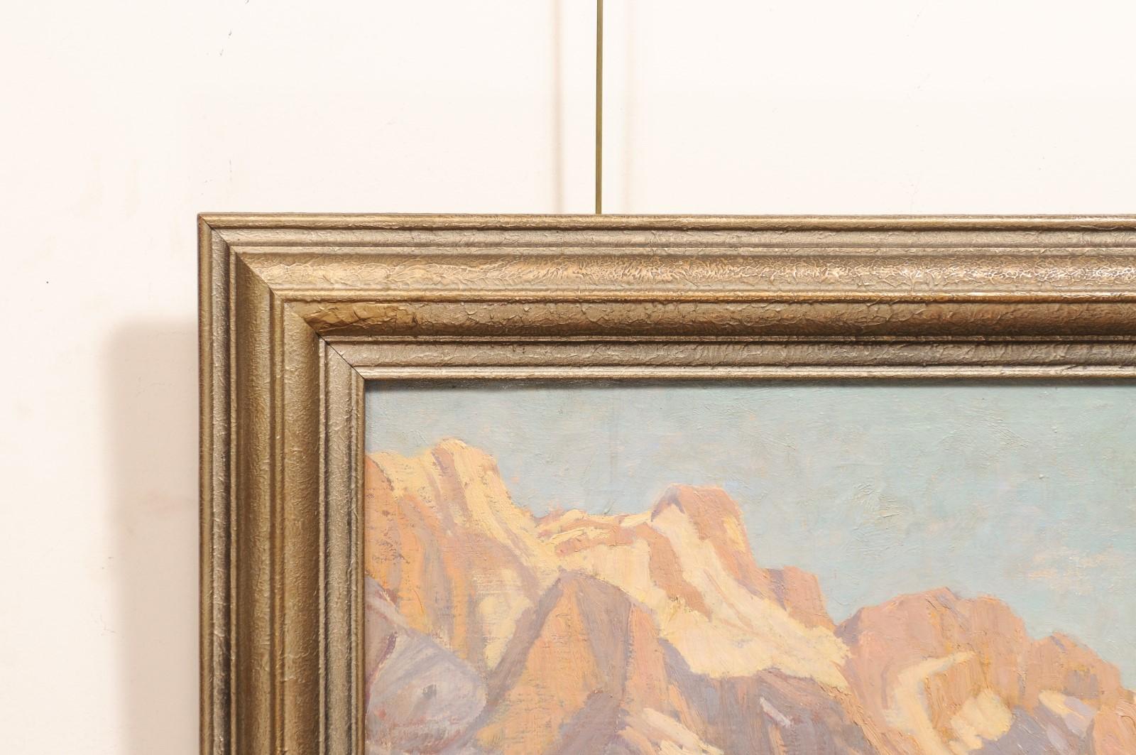 Gilt Framed Austrian Oil on Canvas Landscape Painting of the Alps Mountain Range In Fair Condition For Sale In Atlanta, GA