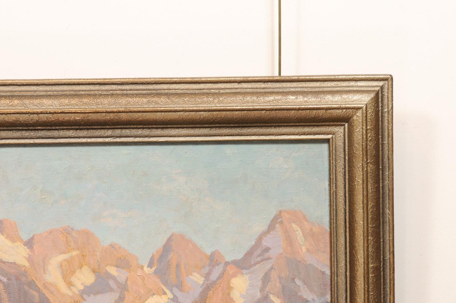20th Century Gilt Framed Austrian Oil on Canvas Landscape Painting of the Alps Mountain Range For Sale