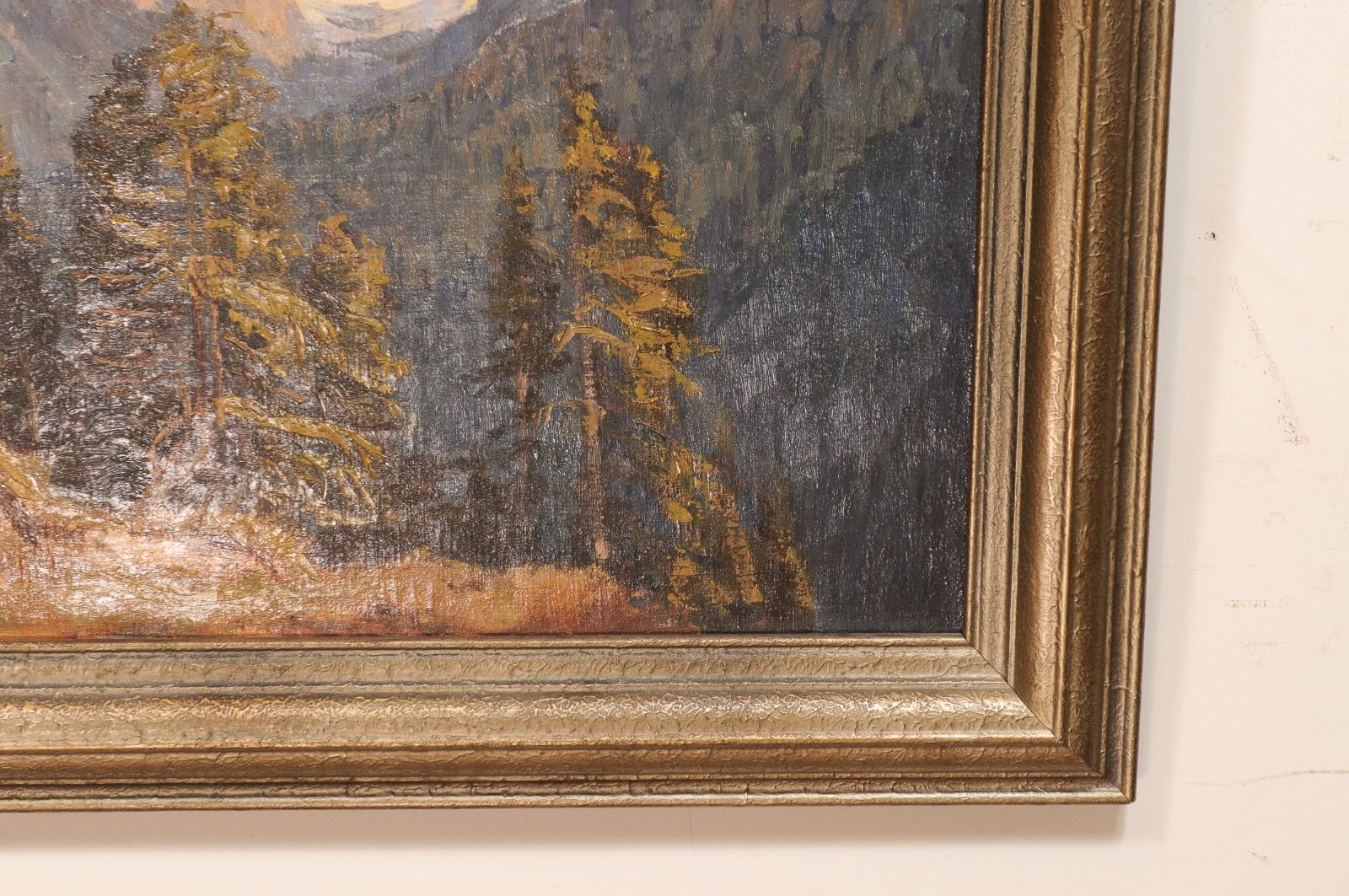 Gilt Framed Austrian Oil on Canvas Landscape Painting of the Alps Mountain Range For Sale 1