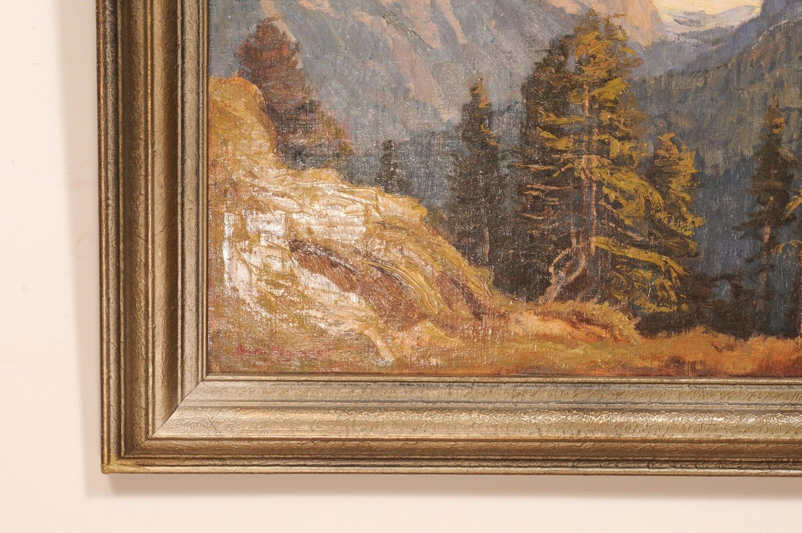 Gilt Framed Austrian Oil on Canvas Landscape Painting of the Alps Mountain Range For Sale 2