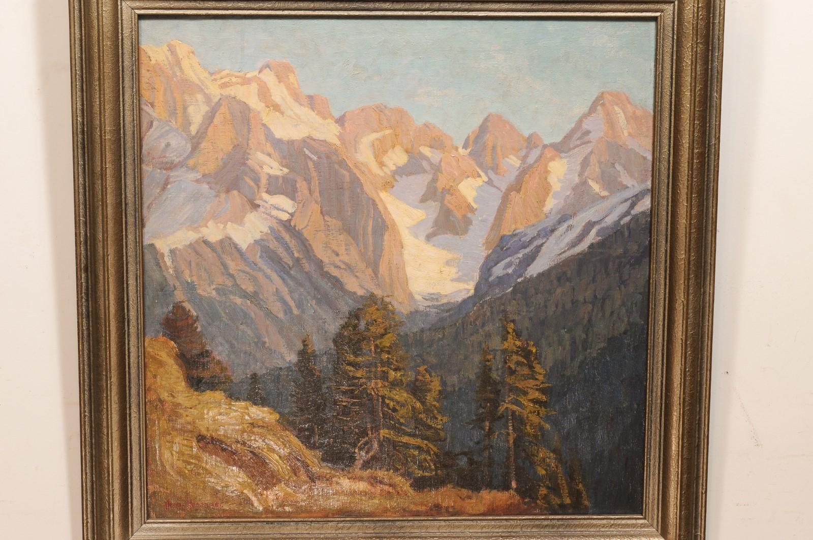 Gilt Framed Austrian Oil on Canvas Landscape Painting of the Alps Mountain Range For Sale 3