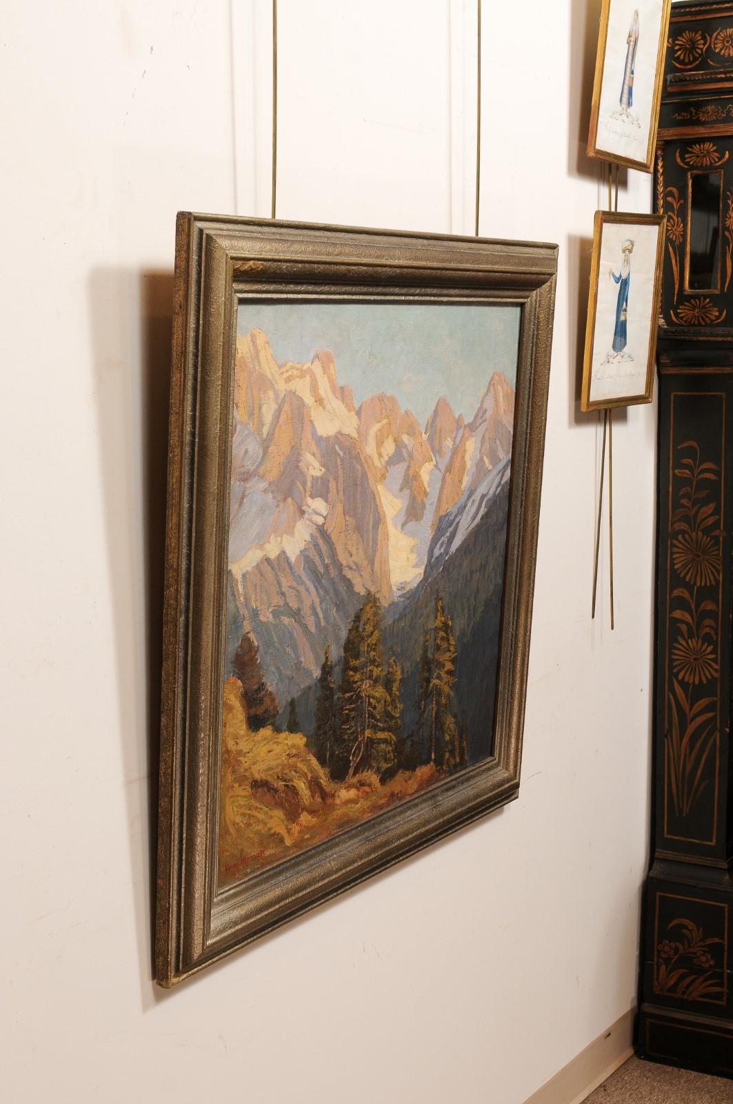 Gilt Framed Austrian Oil on Canvas Landscape Painting of the Alps Mountain Range For Sale 5