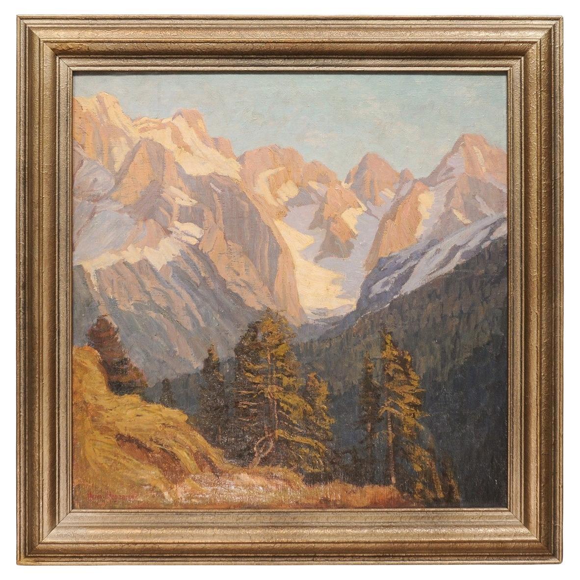 Gilt Framed Austrian Oil on Canvas Landscape Painting of the Alps Mountain Range For Sale