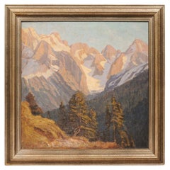 Huile sur toile autrichienne encadrée avec dorures d'un paysage de montagne des Alpes
