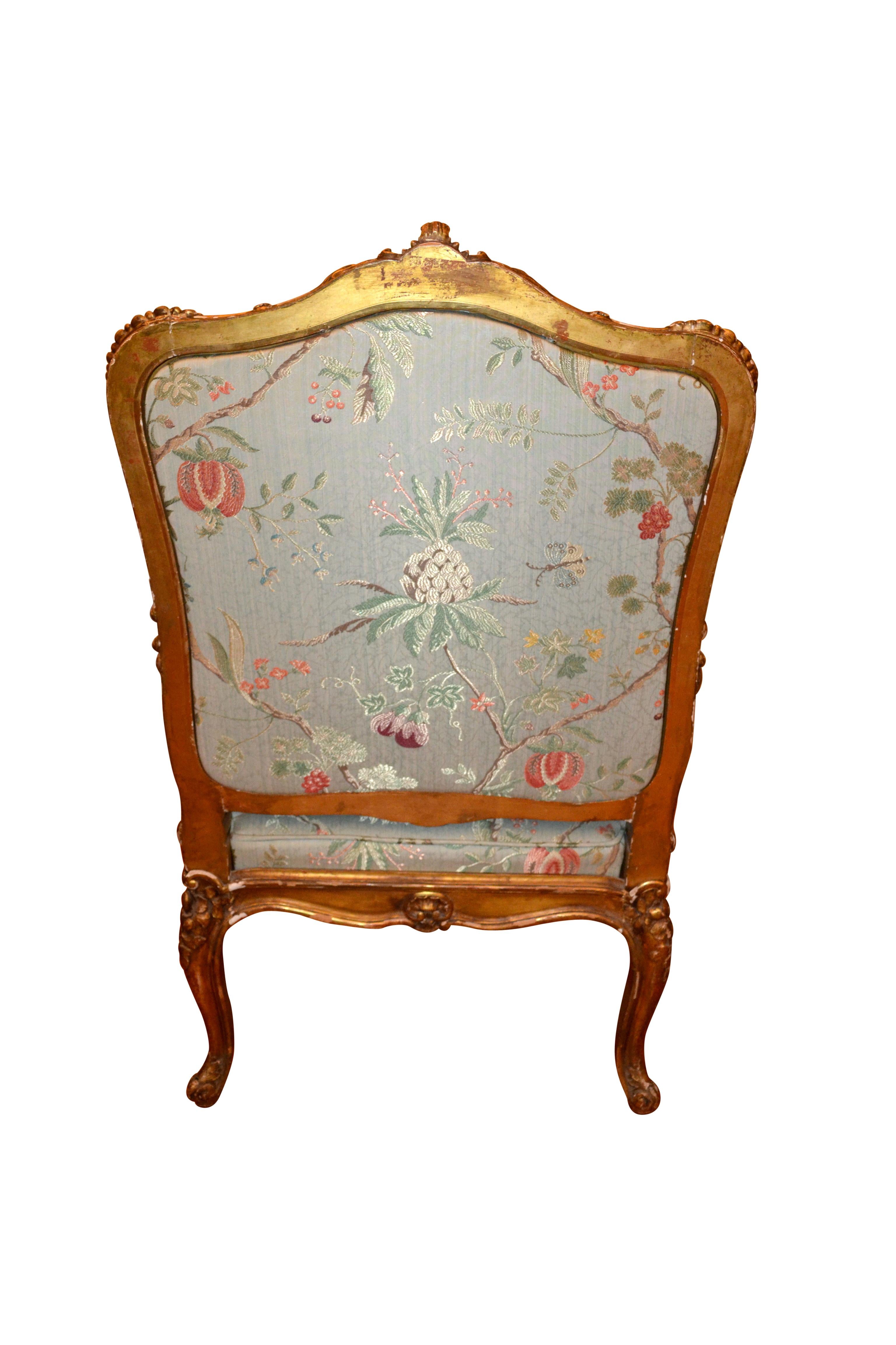 Carved Gilt Framed Louis XV Style Bergere Chair