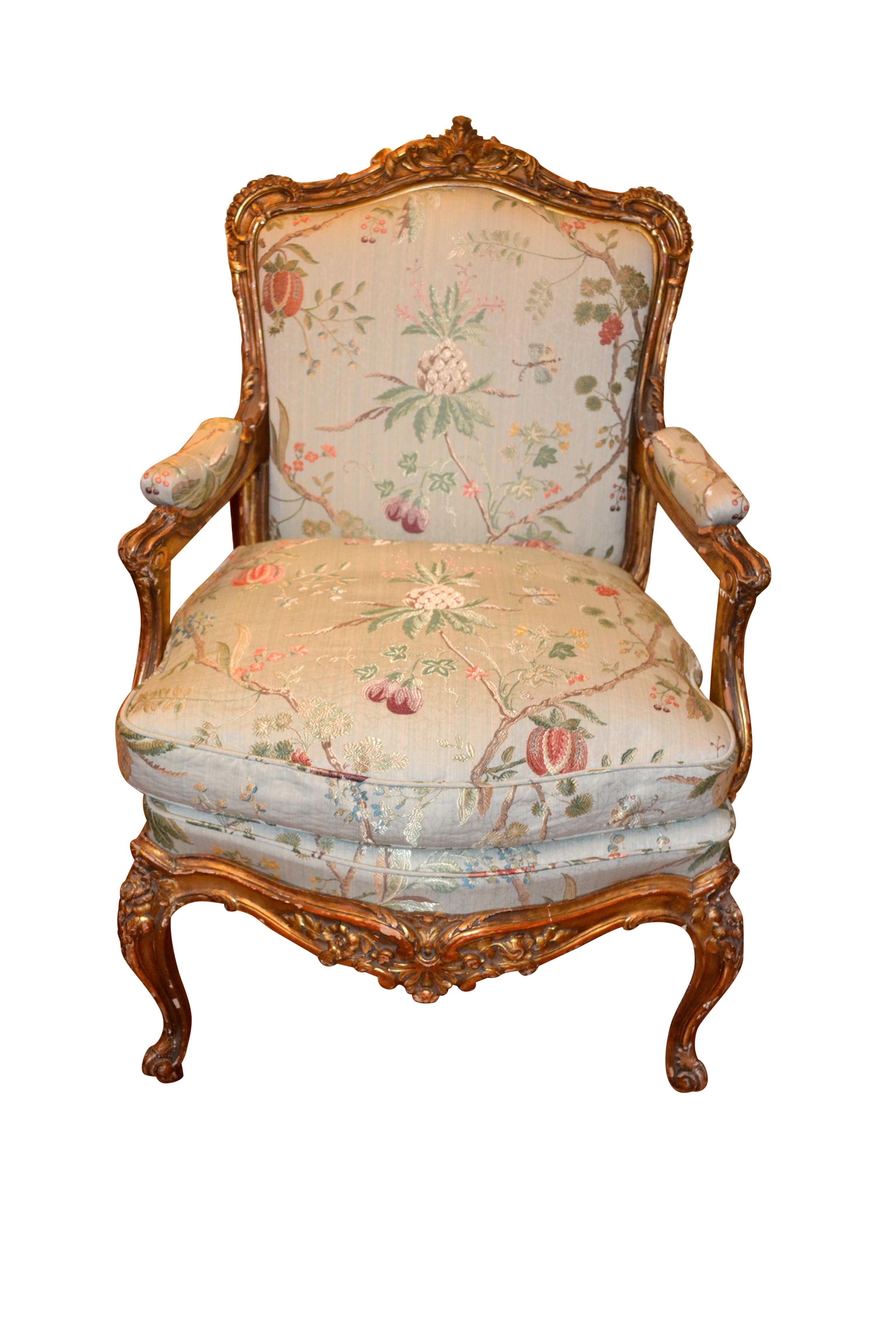 Gilt Framed Louis XV Style Bergere Chair In Good Condition In Vancouver, British Columbia
