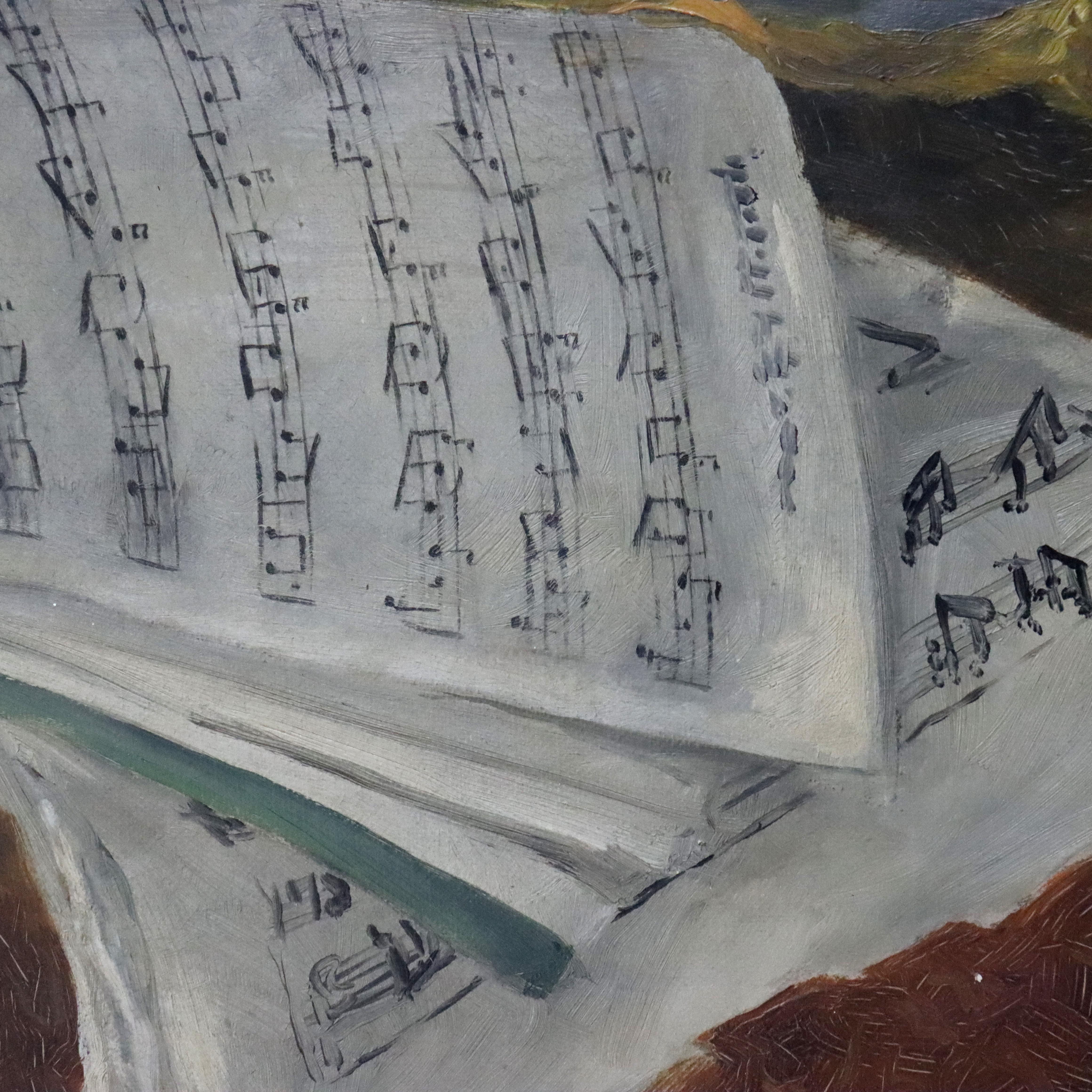 Vergoldet gerahmt Öl auf Leinwand Musik Thematische Malerei mit Banjo von M. Morris C1886 im Zustand „Gut“ im Angebot in Big Flats, NY