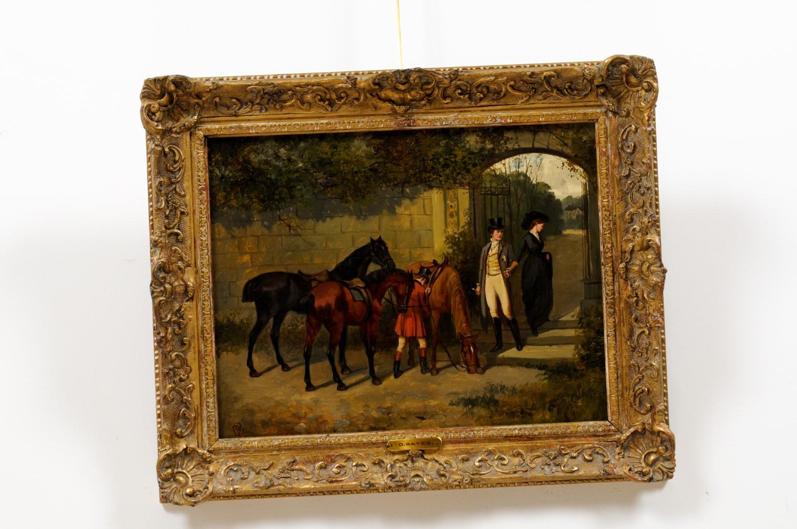 Gilt Framed Oil on Canvas Painting Featuring Horses with Man & Woman, Signed 5