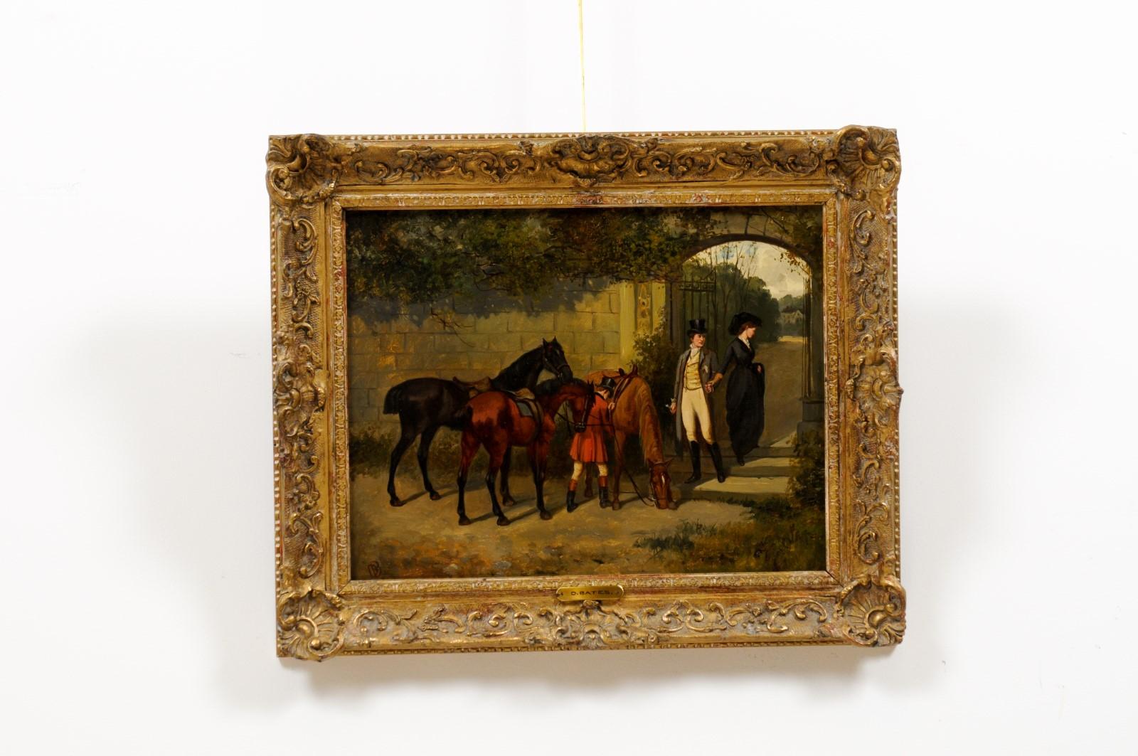 Gilt Framed Oil on Canvas Painting featuring Horses with Man & Woman, signed “D. Bates”, first half 20th Century Continental.