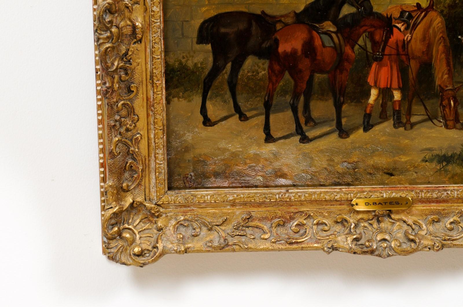 European Gilt Framed Oil on Canvas Painting Featuring Horses with Man & Woman, Signed