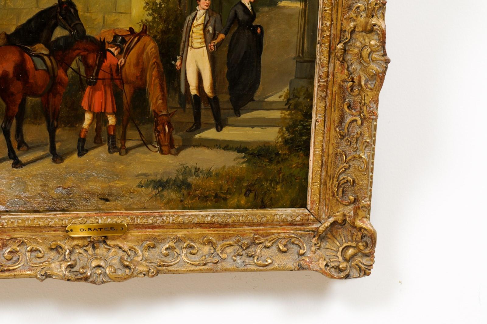 Hand-Painted Gilt Framed Oil on Canvas Painting Featuring Horses with Man & Woman, Signed