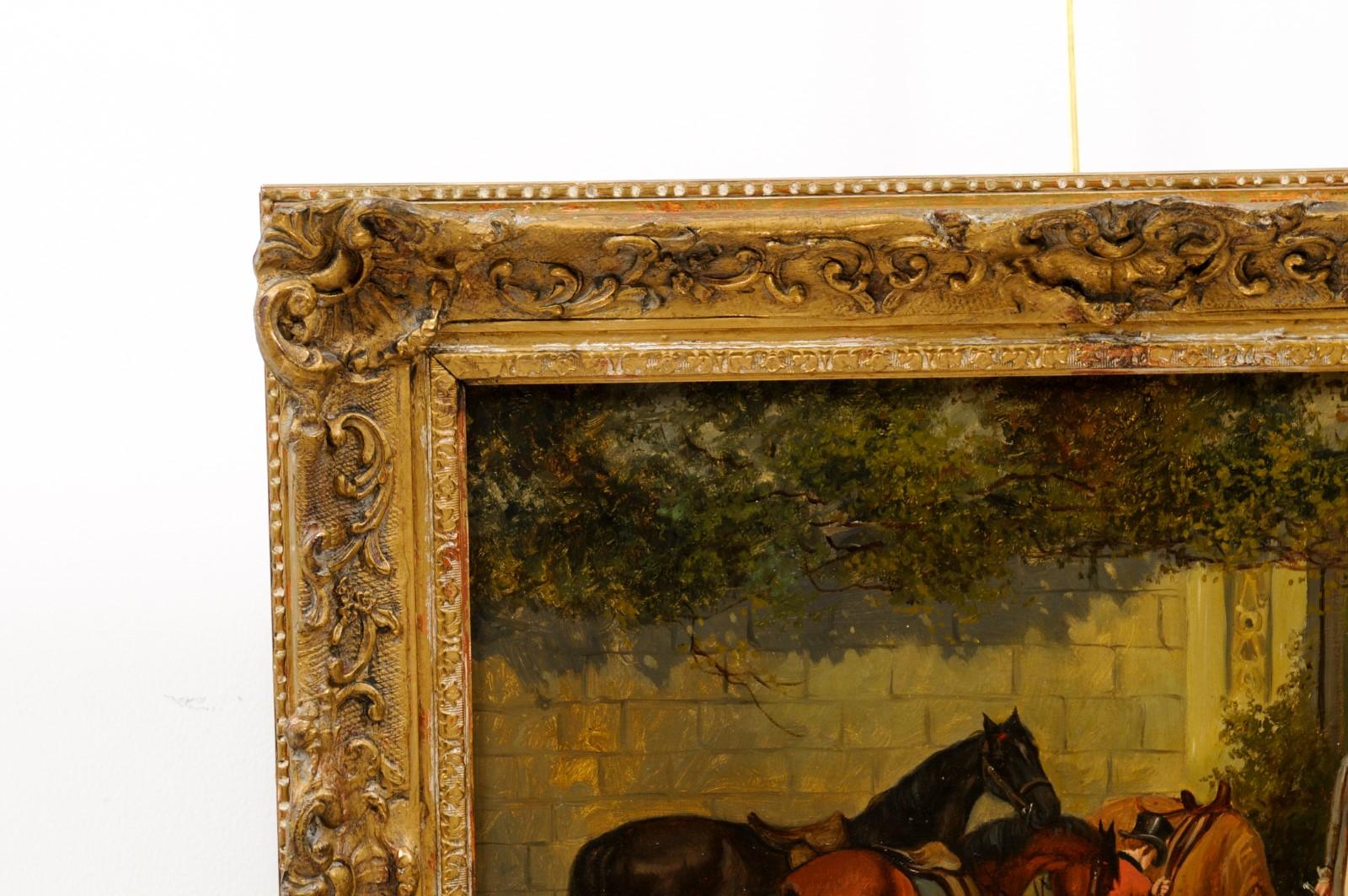 Gilt Framed Oil on Canvas Painting Featuring Horses with Man & Woman, Signed In Good Condition In Atlanta, GA