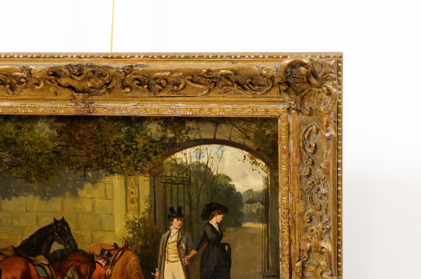 20th Century Gilt Framed Oil on Canvas Painting Featuring Horses with Man & Woman, Signed