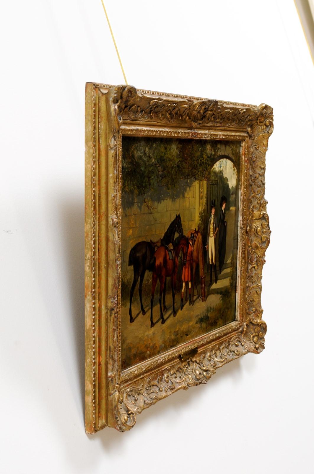 Gilt Framed Oil on Canvas Painting Featuring Horses with Man & Woman, Signed 2