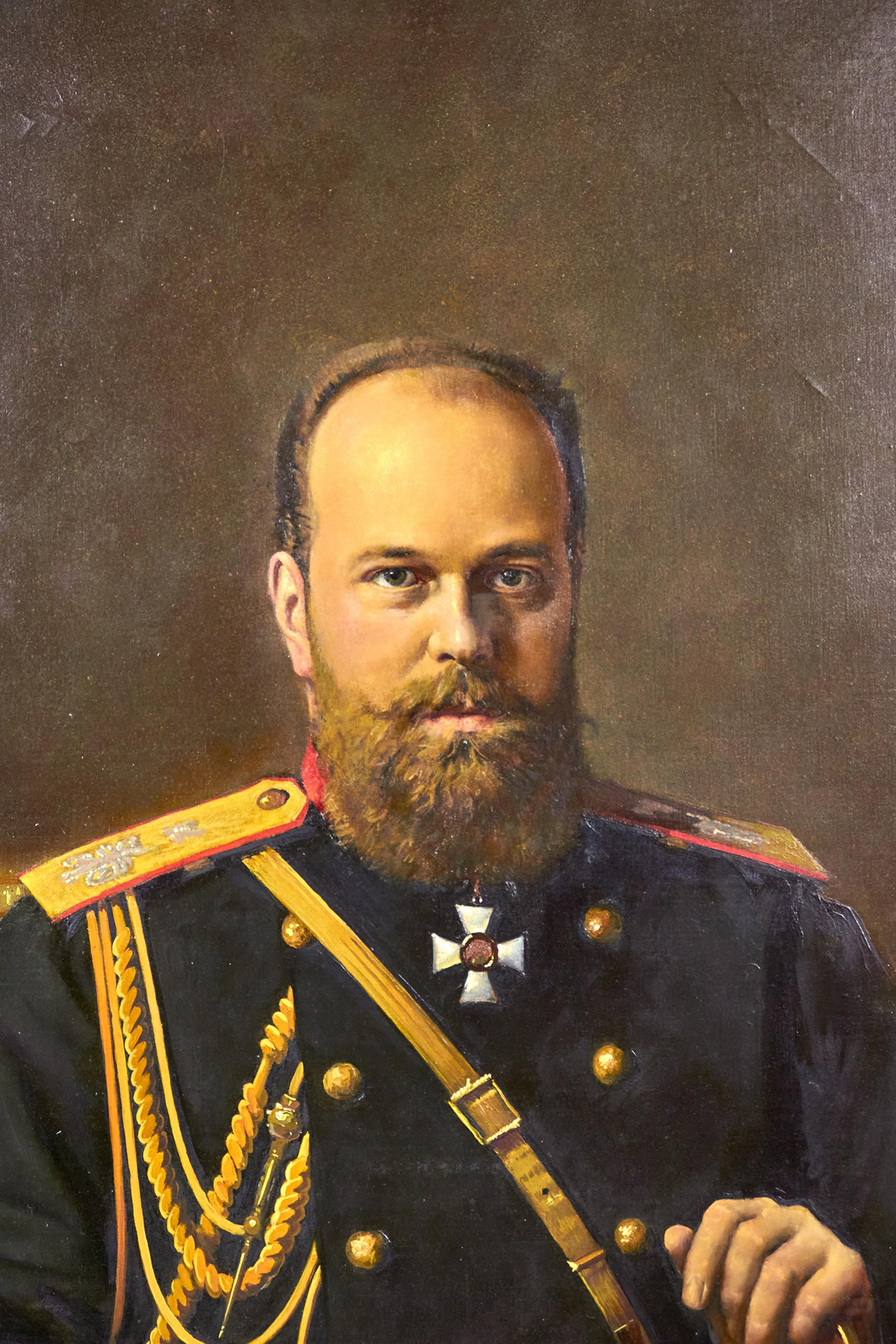 Russian (19/20th Century) oil on canvas portrait of a bearded Czar Alexander III seated in uniform resting his hand on a saber in an ornately carved giltwood frame (manner of IVAN KRAMSKOY).