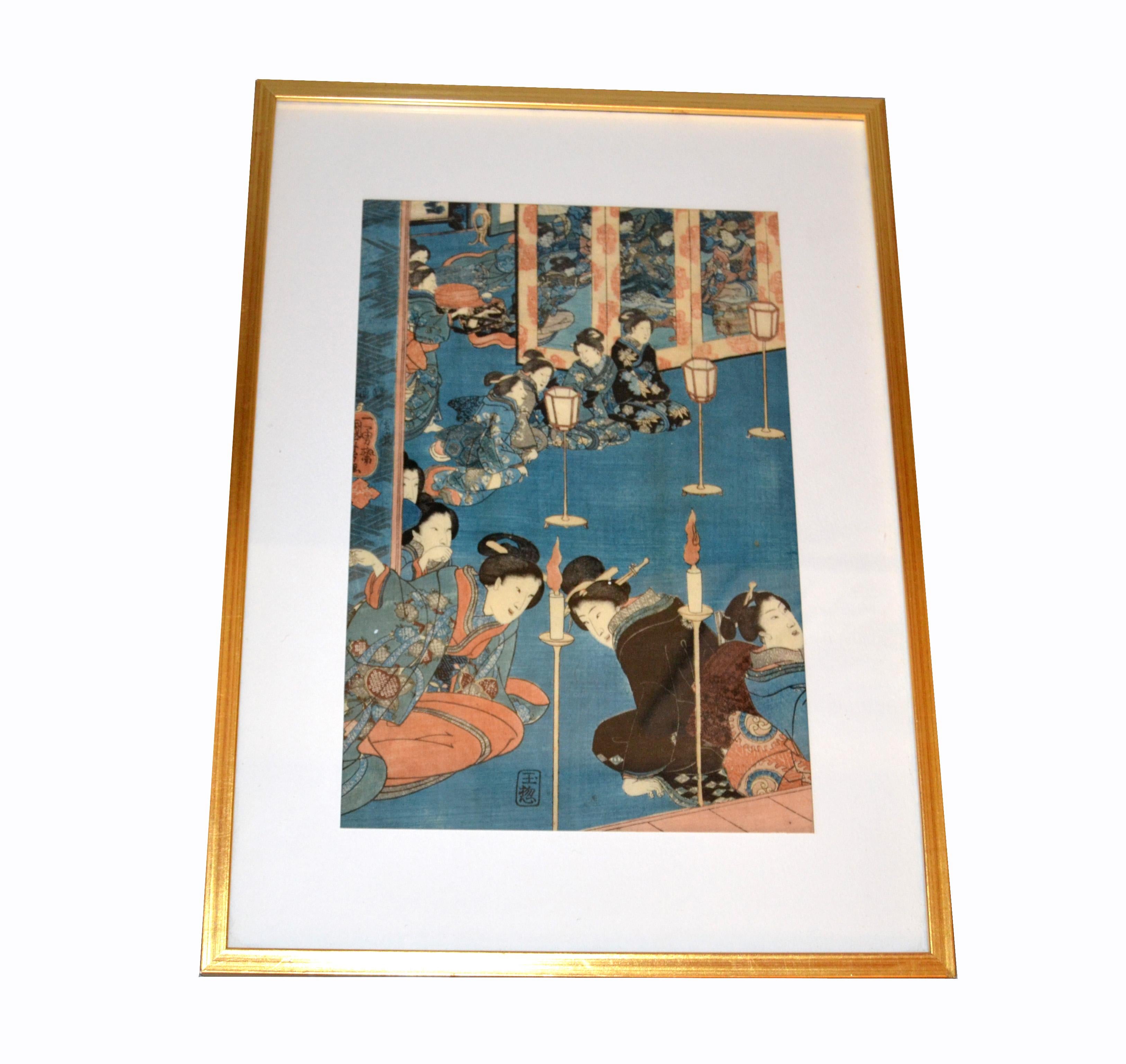 Original Utagawa Kuniyoshi Japanese woodcut print on paper in gilt frame.
Marked by artist: Kuniyoshi (1798-1861) and dated 1845.
  