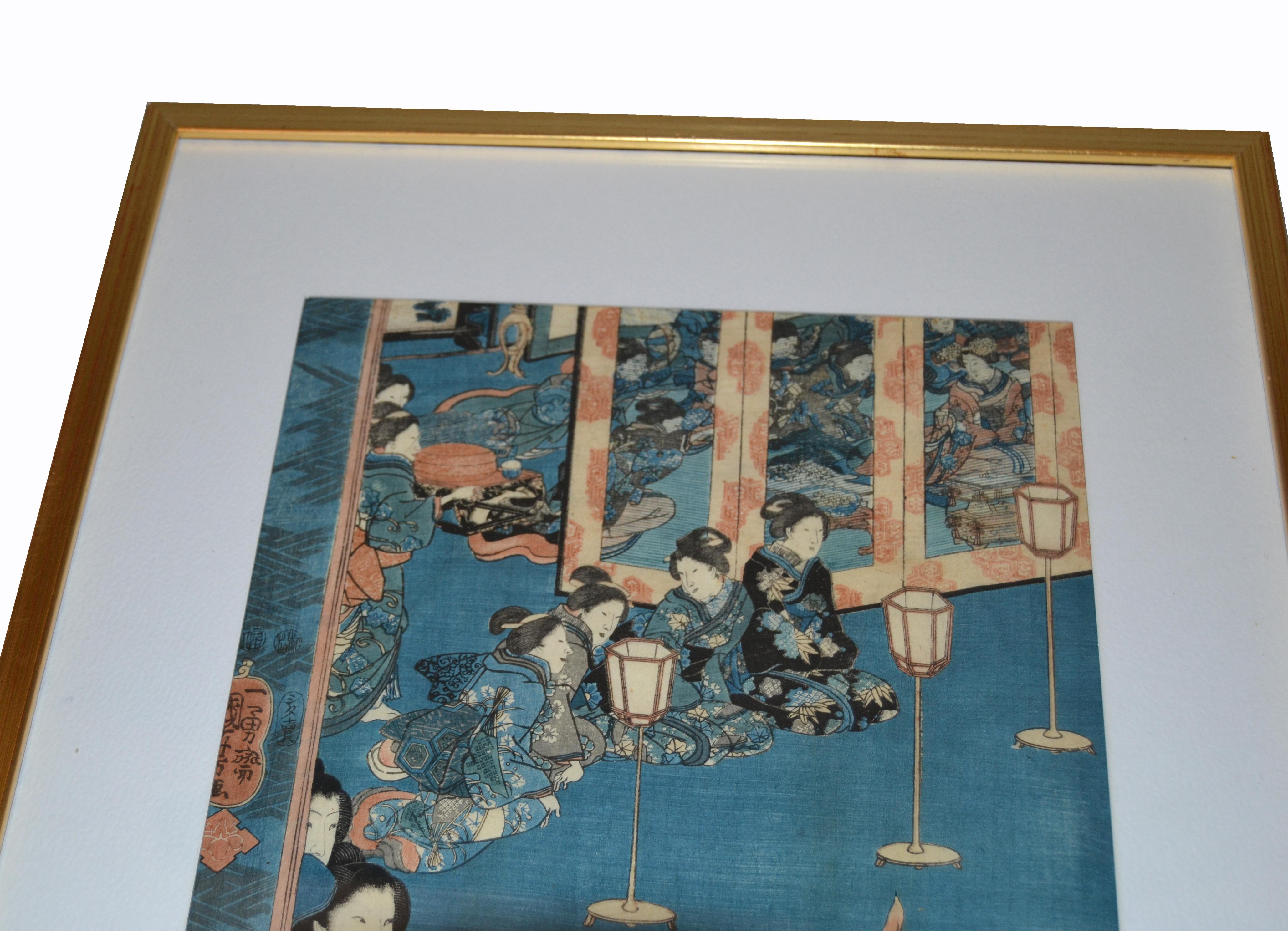 Meiji Gilt Framed Utagawa Kuniyoshi Japanese Original Woodcut Print on Paper, 1845