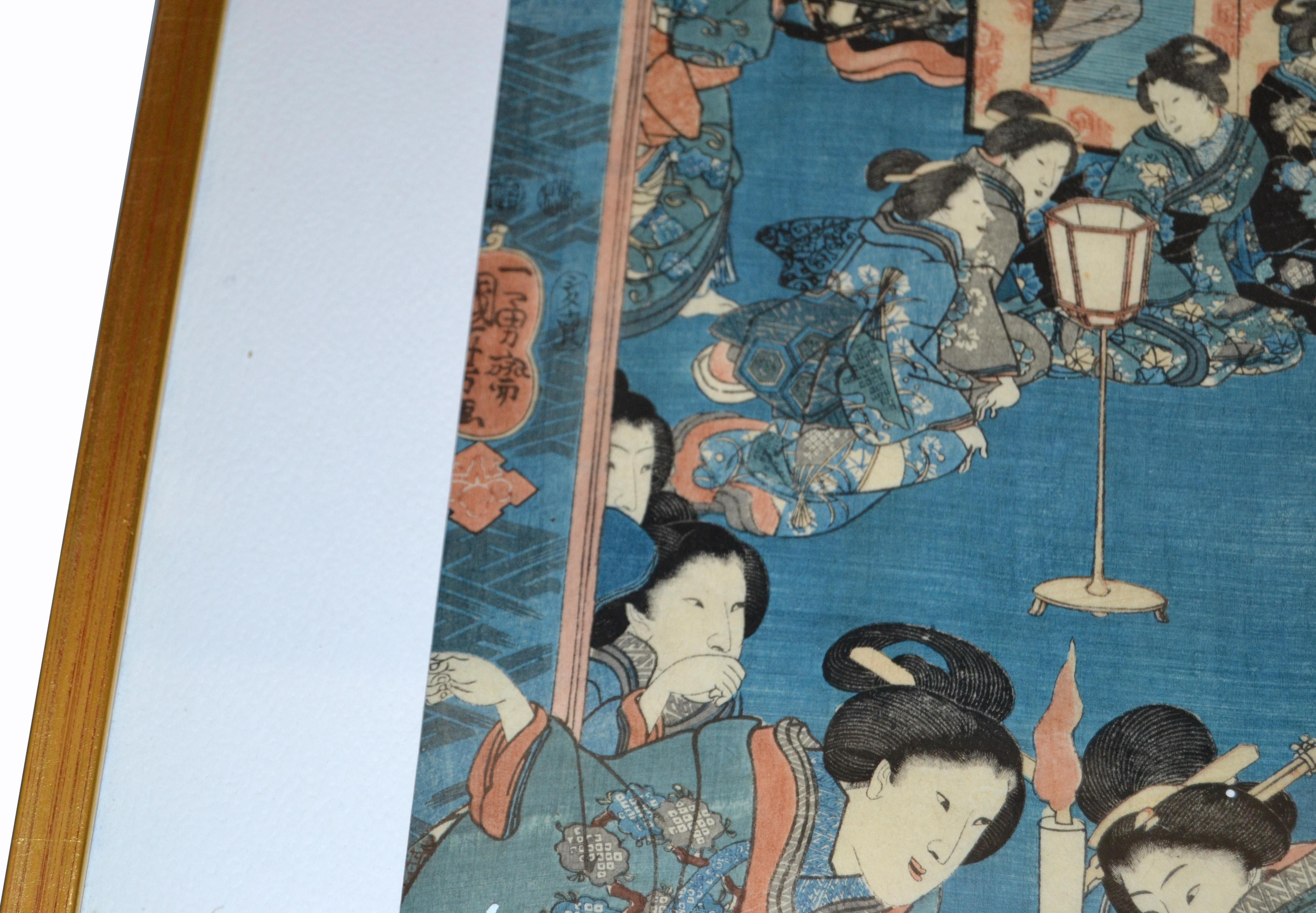 Gilt Framed Utagawa Kuniyoshi Japanese Original Woodcut Print on Paper, 1845 In Good Condition In Miami, FL