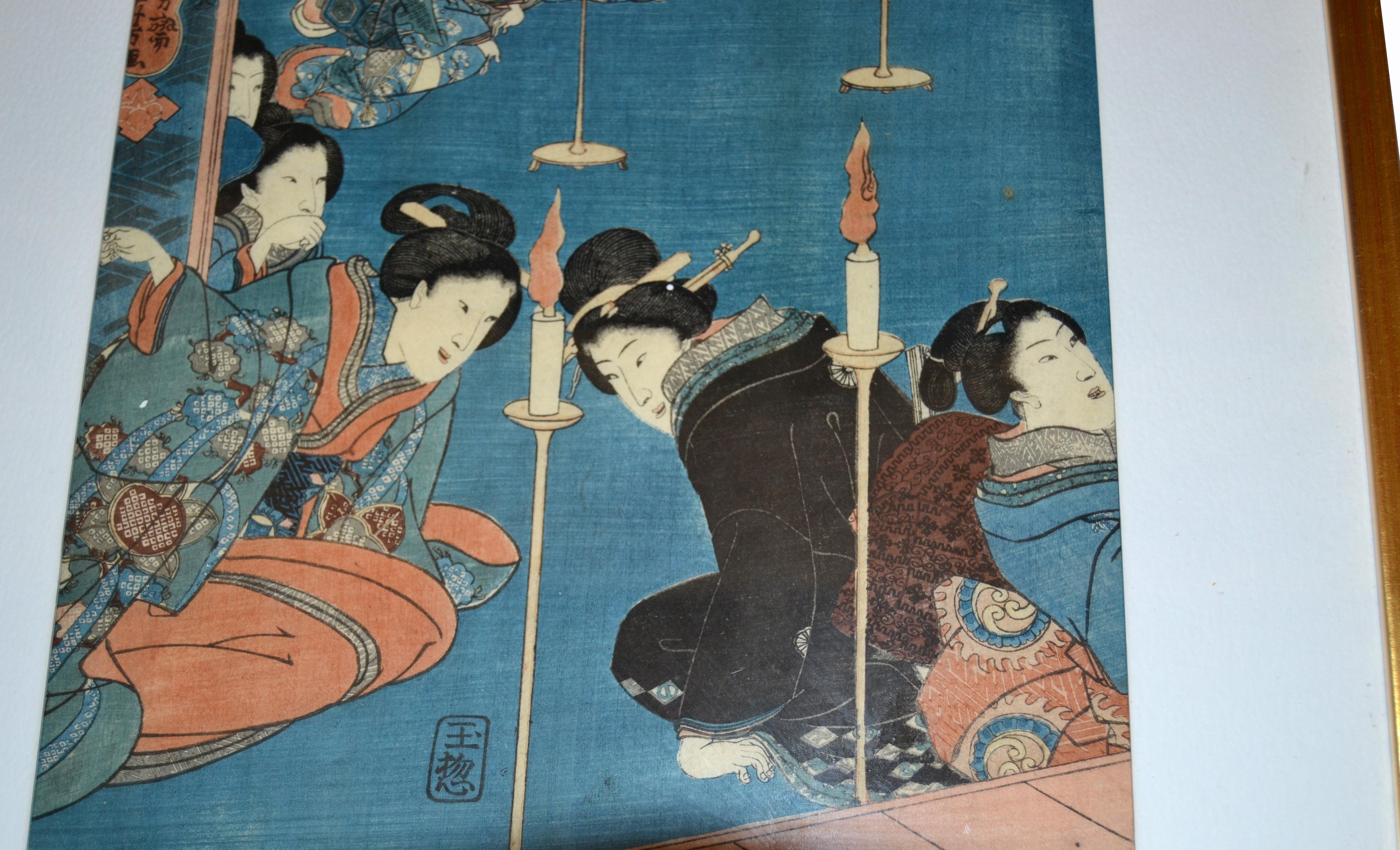 Mid-19th Century Gilt Framed Utagawa Kuniyoshi Japanese Original Woodcut Print on Paper, 1845