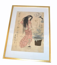 Vergoldeter gerahmter Utagawa Toyokuni II Geisha Japanischer Farbholzschnitt Pergamentpapier