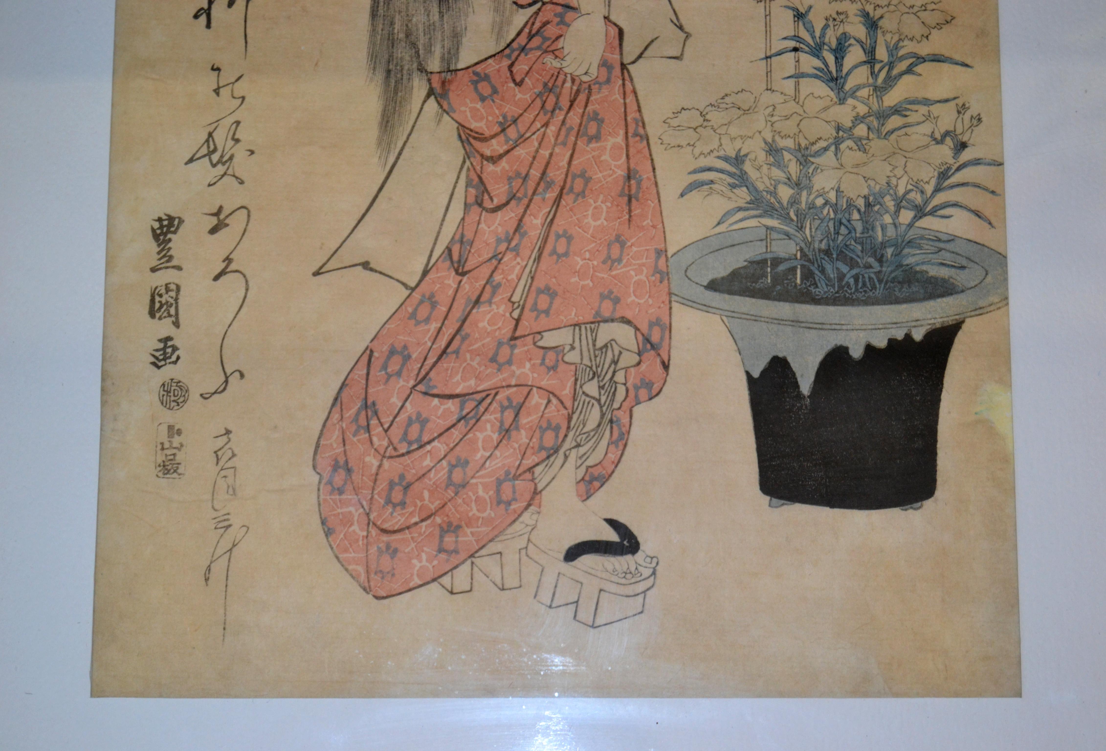 Gilt Framed Utagawa Toyokuni II Geisha Japanese Woodblock Print Parchment Paper In Good Condition In Miami, FL