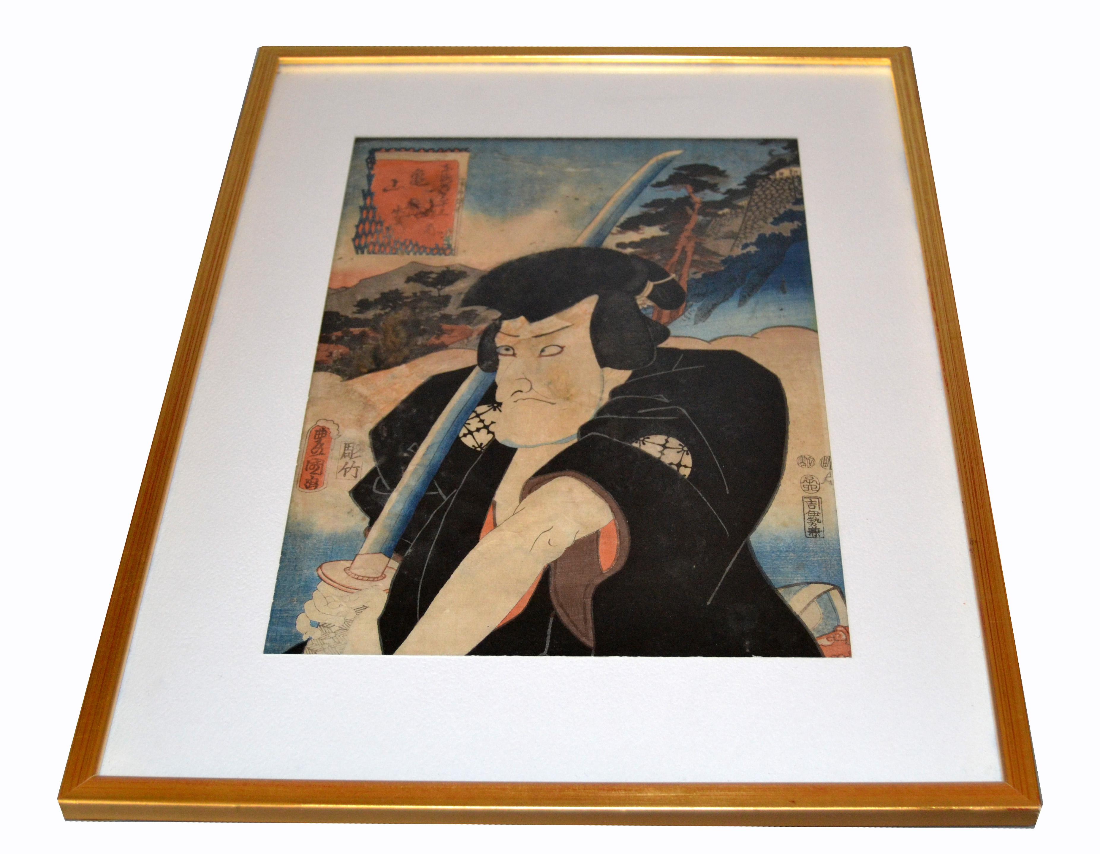 Original Utagawa Toyokuni III Woodblock print on parchment paper in gilt frame.
Marked by Artist: Utagawa Toyokuni III (1786-1864) and dated 1857.
 