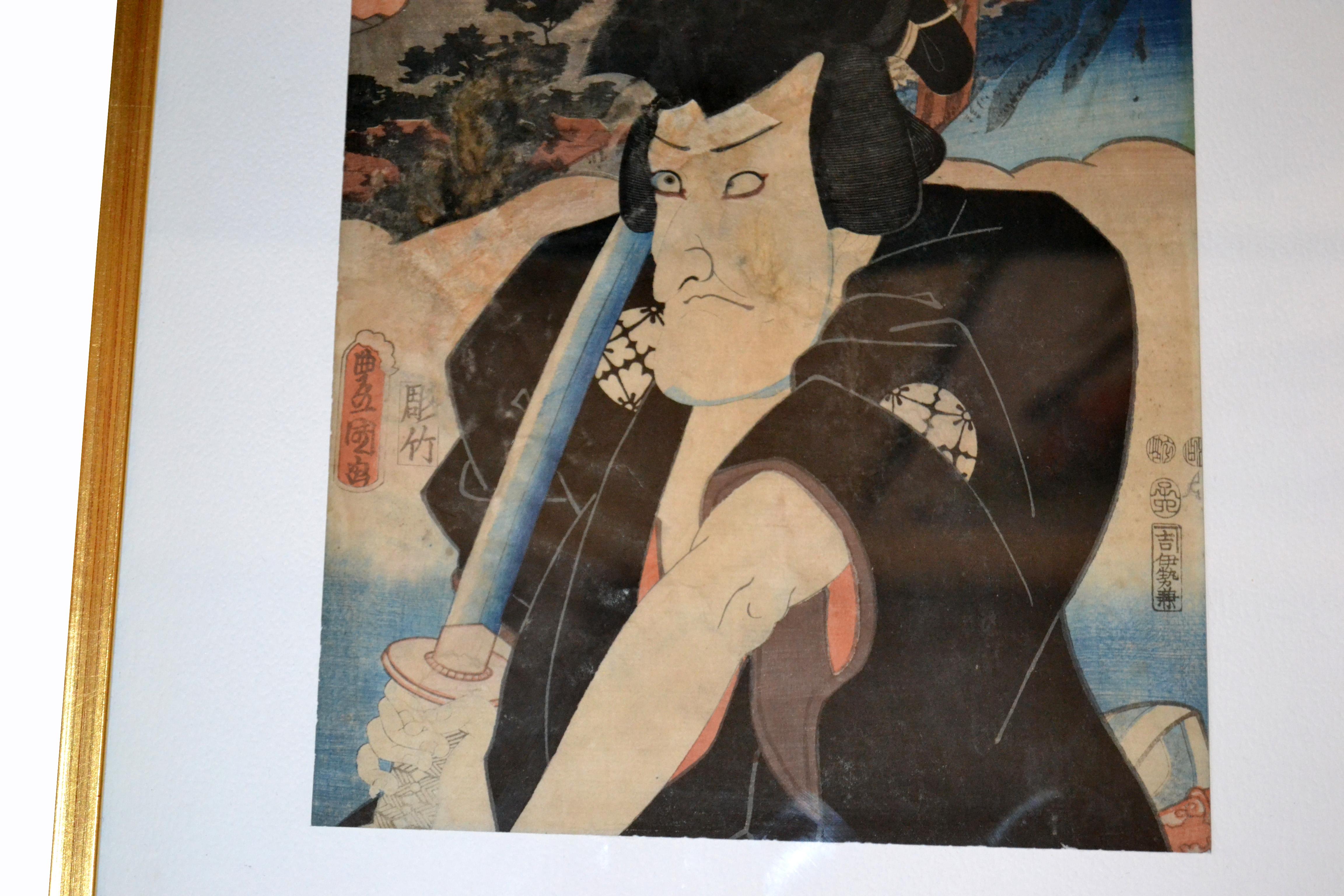 Gilt Framed Utagawa Toyokuni III Japanese Woodblock Print Parchment Paper 1857 In Good Condition In Miami, FL