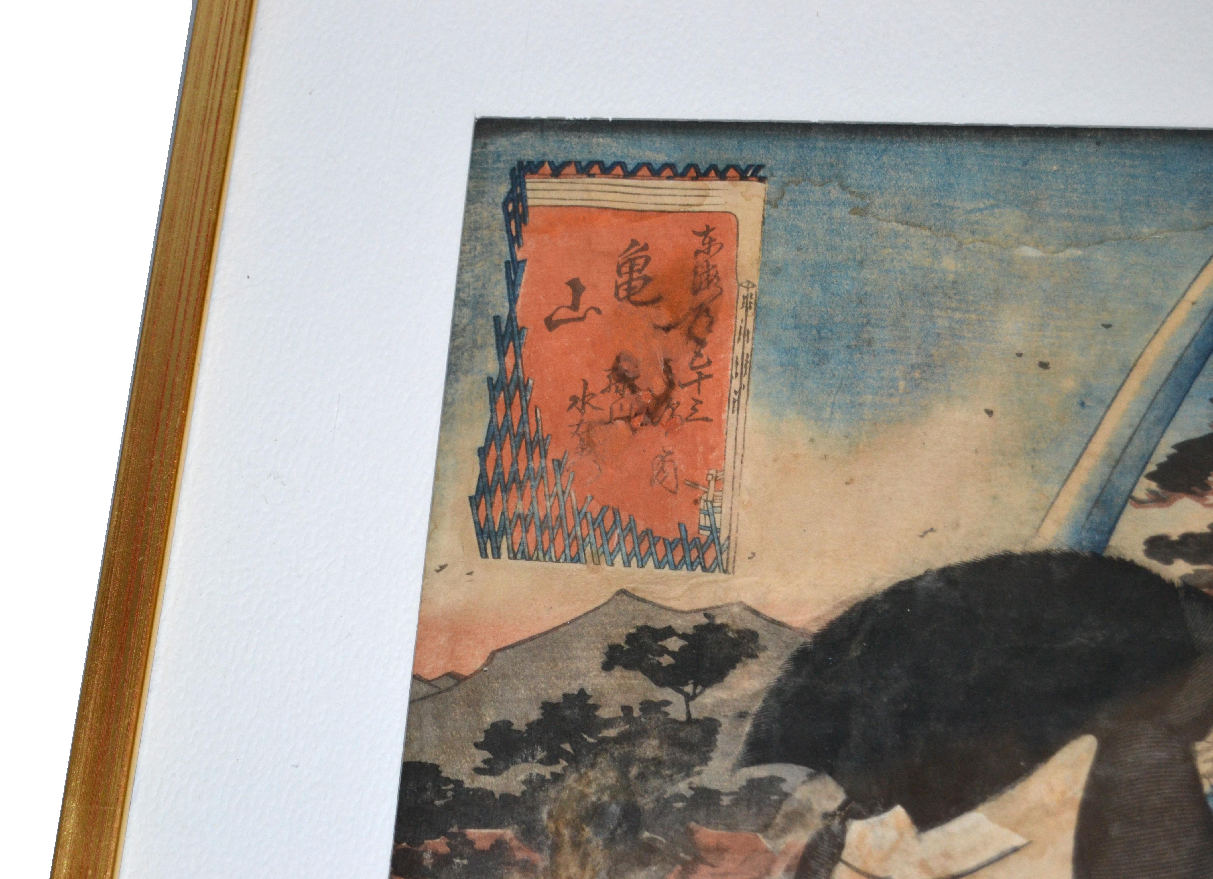 Mid-19th Century Gilt Framed Utagawa Toyokuni III Japanese Woodblock Print Parchment Paper 1857