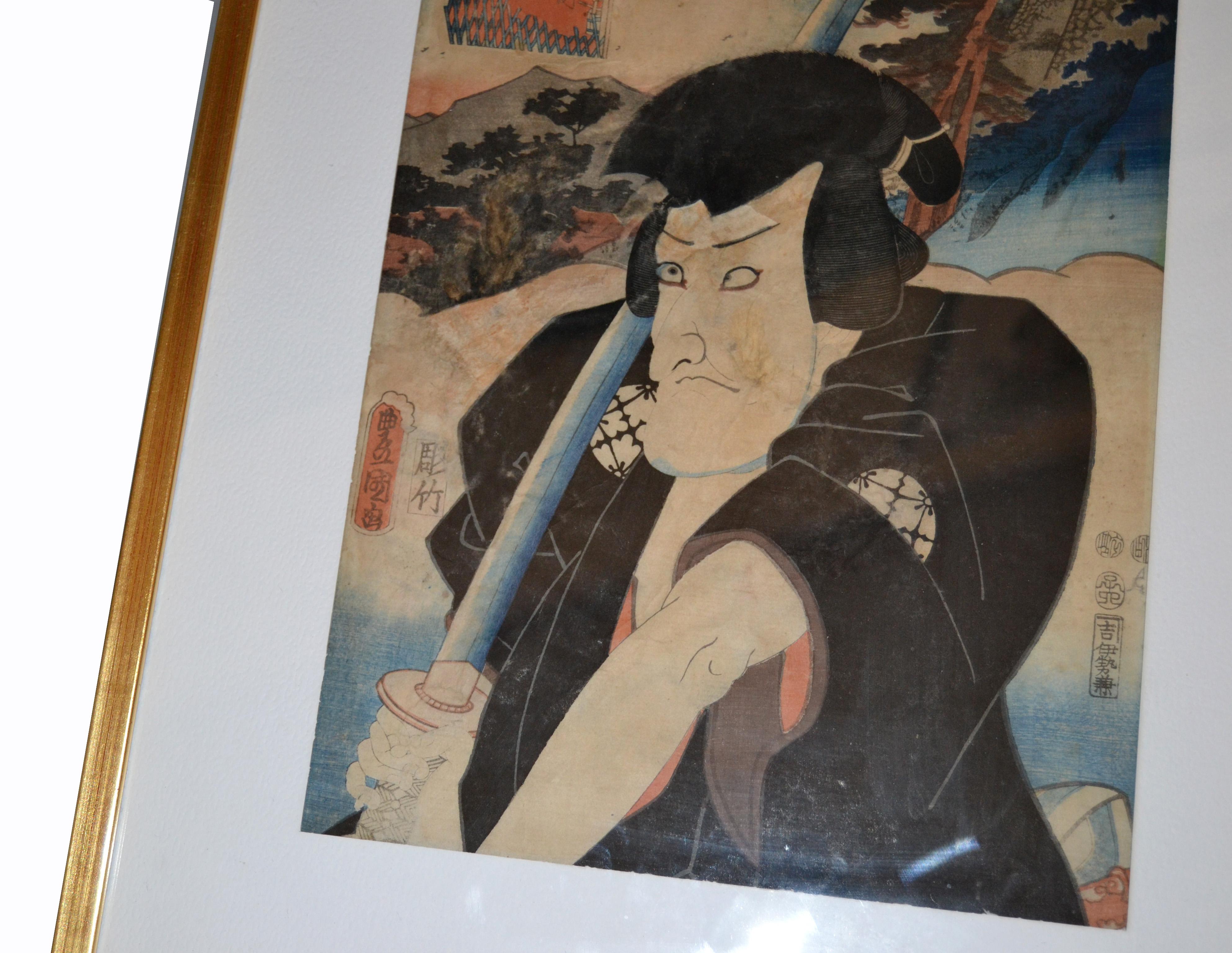 Paint Gilt Framed Utagawa Toyokuni III Japanese Woodblock Print Parchment Paper 1857