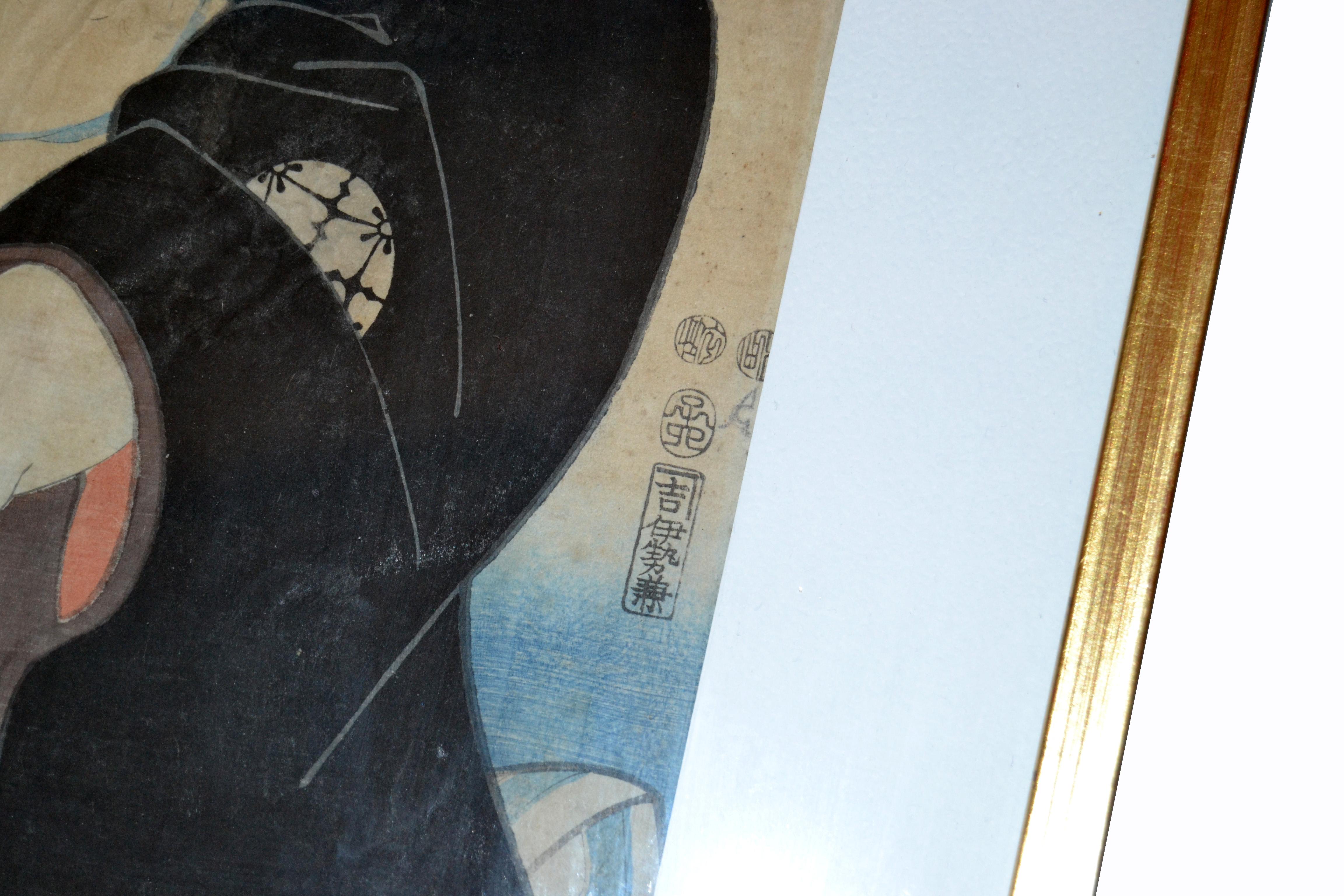 Gilt Framed Utagawa Toyokuni III Japanese Woodblock Print Parchment Paper 1857 2