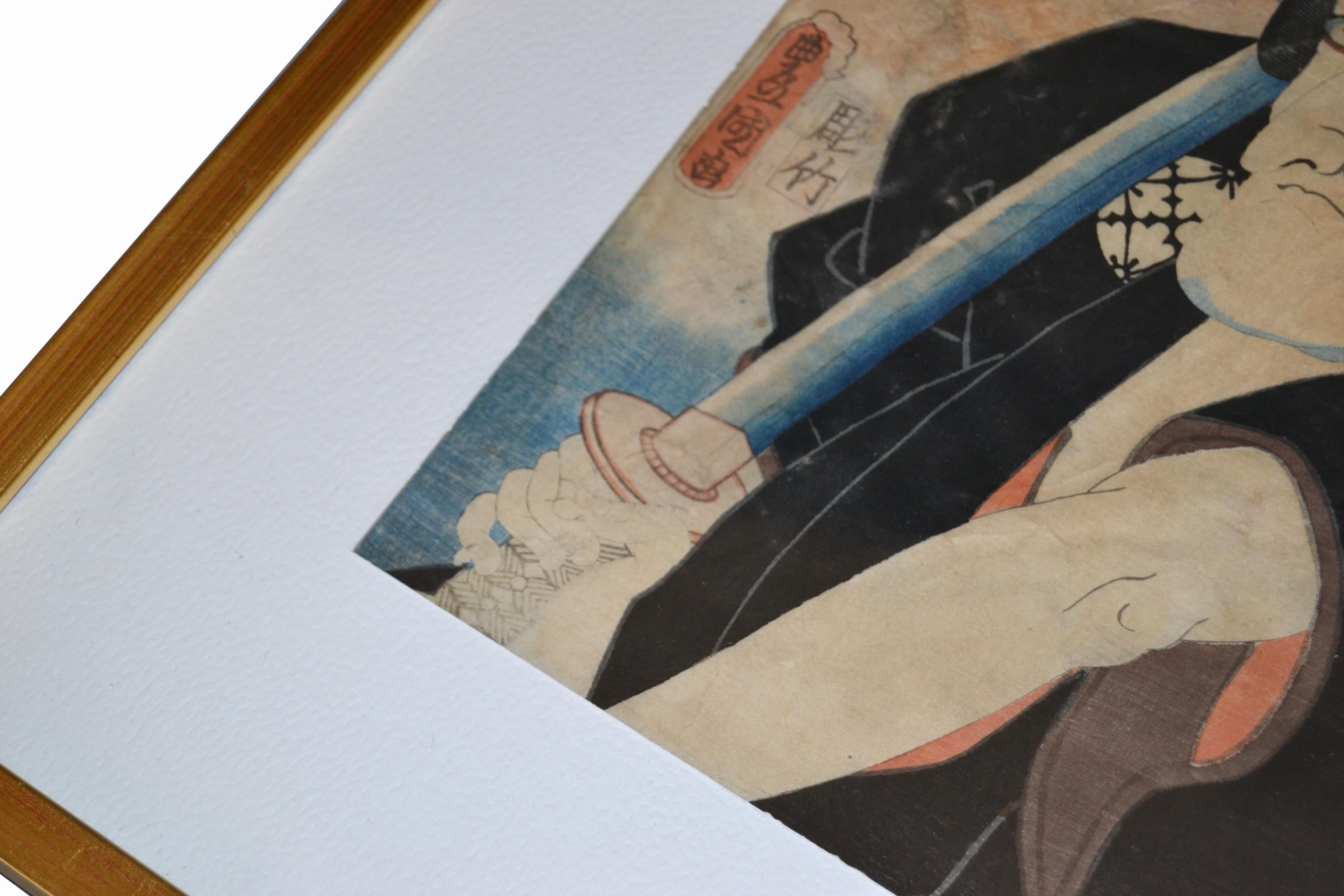 Gilt Framed Utagawa Toyokuni III Japanese Woodblock Print Parchment Paper 1857 3