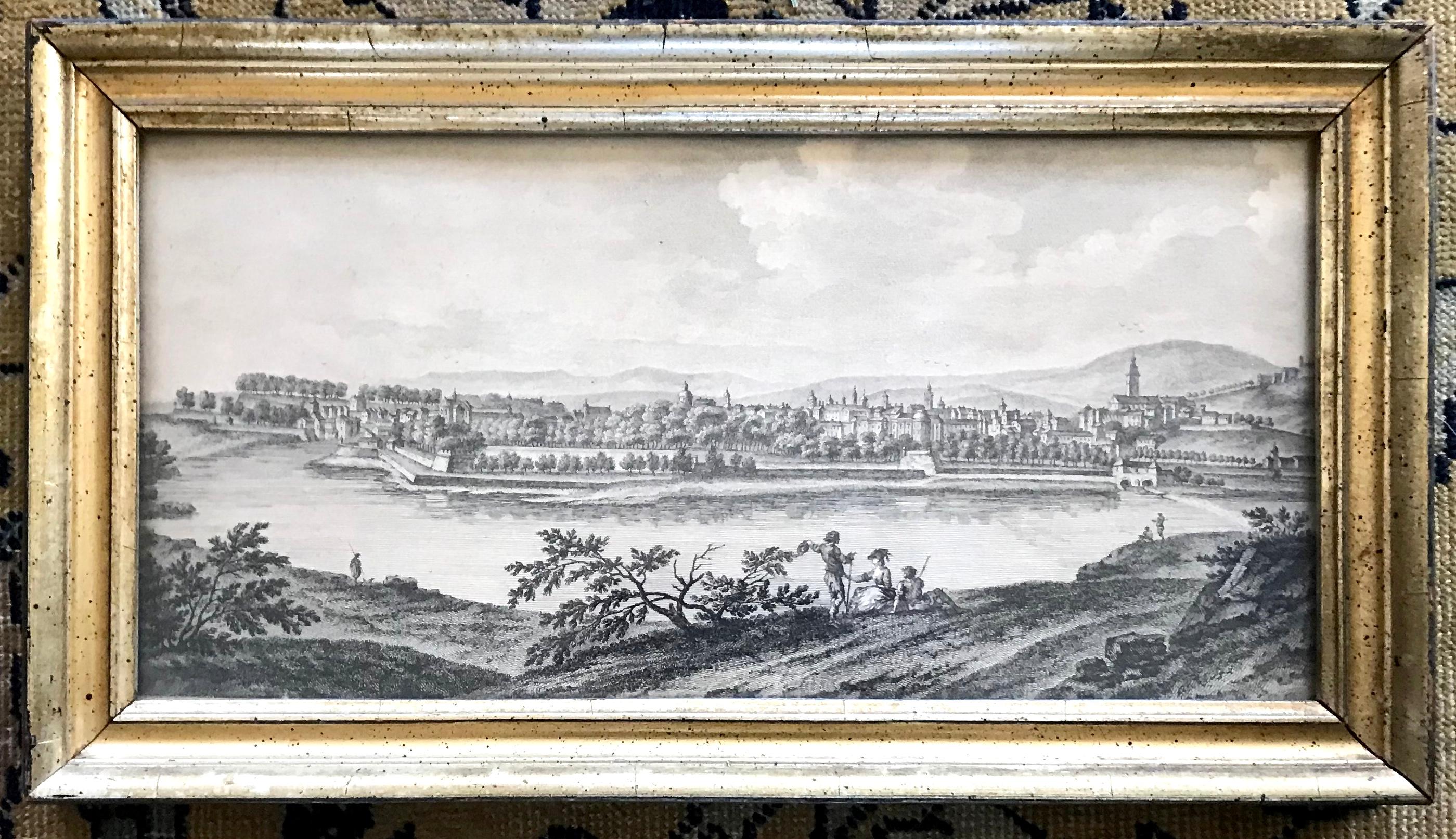 Gilt-framed view of Besançon. Lemon gilt framed engracing of early 19th century view of Besançon France, 19th century 
Dimensions: 13.5” W x 7.5” H x .88” D; sight 11.5” x 5.5”.