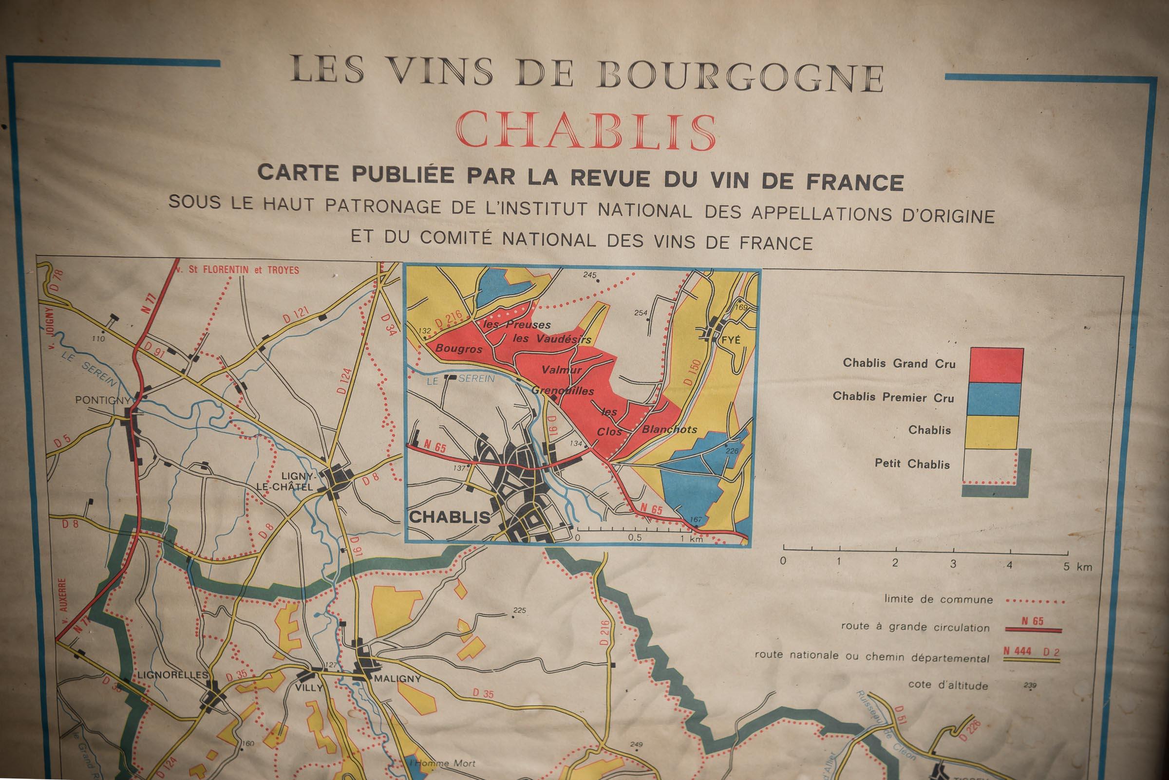 Framed Chablis region wine map from 1972 depicting the wine regions of Bourgogne. The print has been removed to clean the glass, the frame has minor damage in places but nothing that detracts from its beauty, if anything this 'wear and tear' only