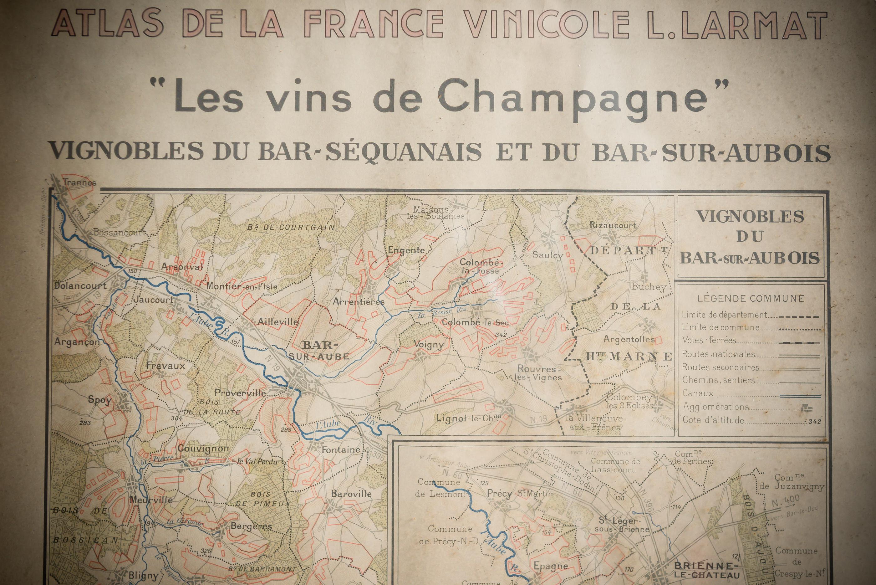 Framed Champagne region wine map from 1944. The print has been removed to clean the glass, the frame has minor damage in places but nothing that detracts from its beauty, if anything this 'wear and tear' only adds to the provenance and integrity.