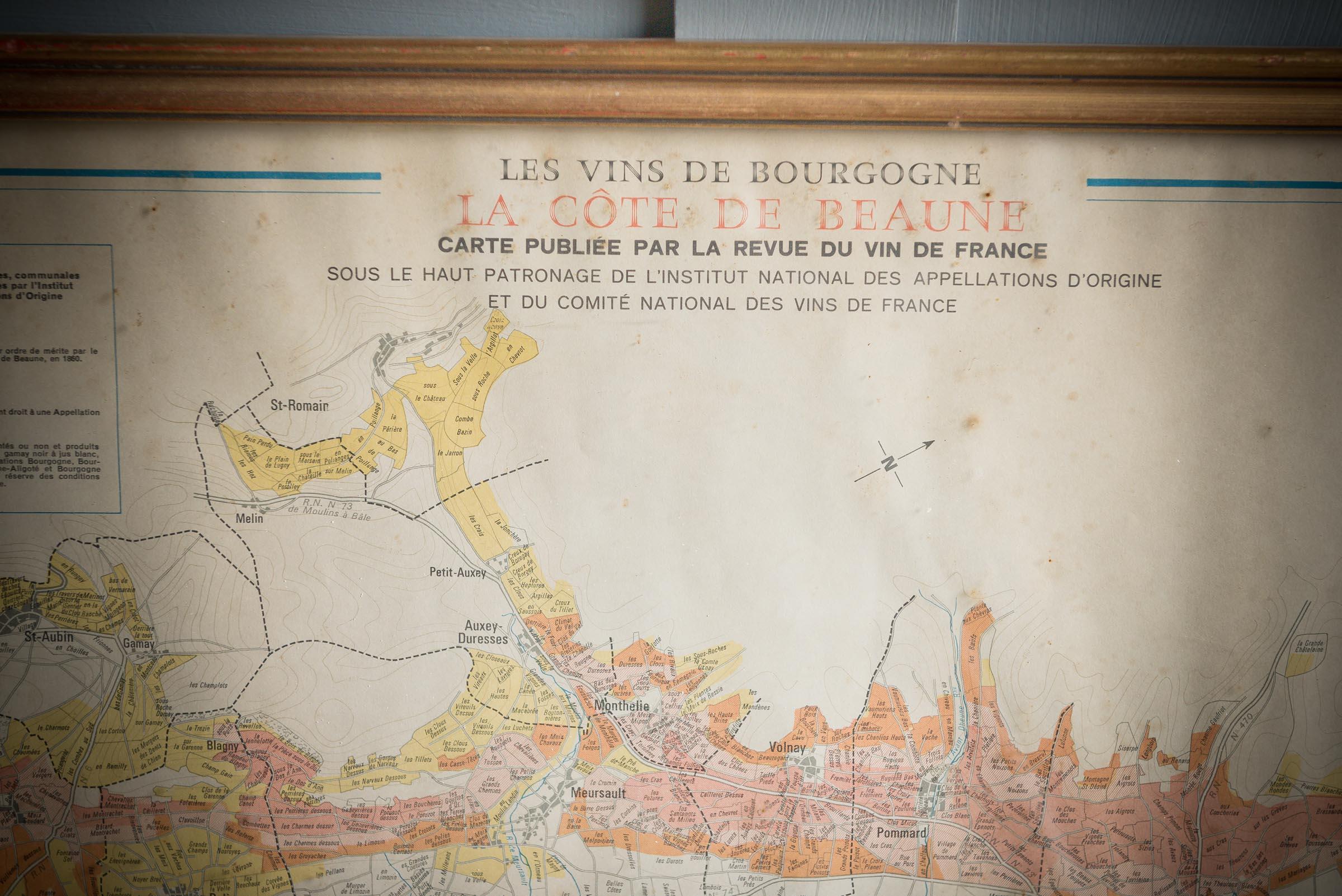 Framed Cote De Beaune region wine map from 1972. The print has been removed to clean the glass, the frame has minor damage in places but nothing that detracts from its beauty, if anything this 'wear and tear' only adds to the provenance and