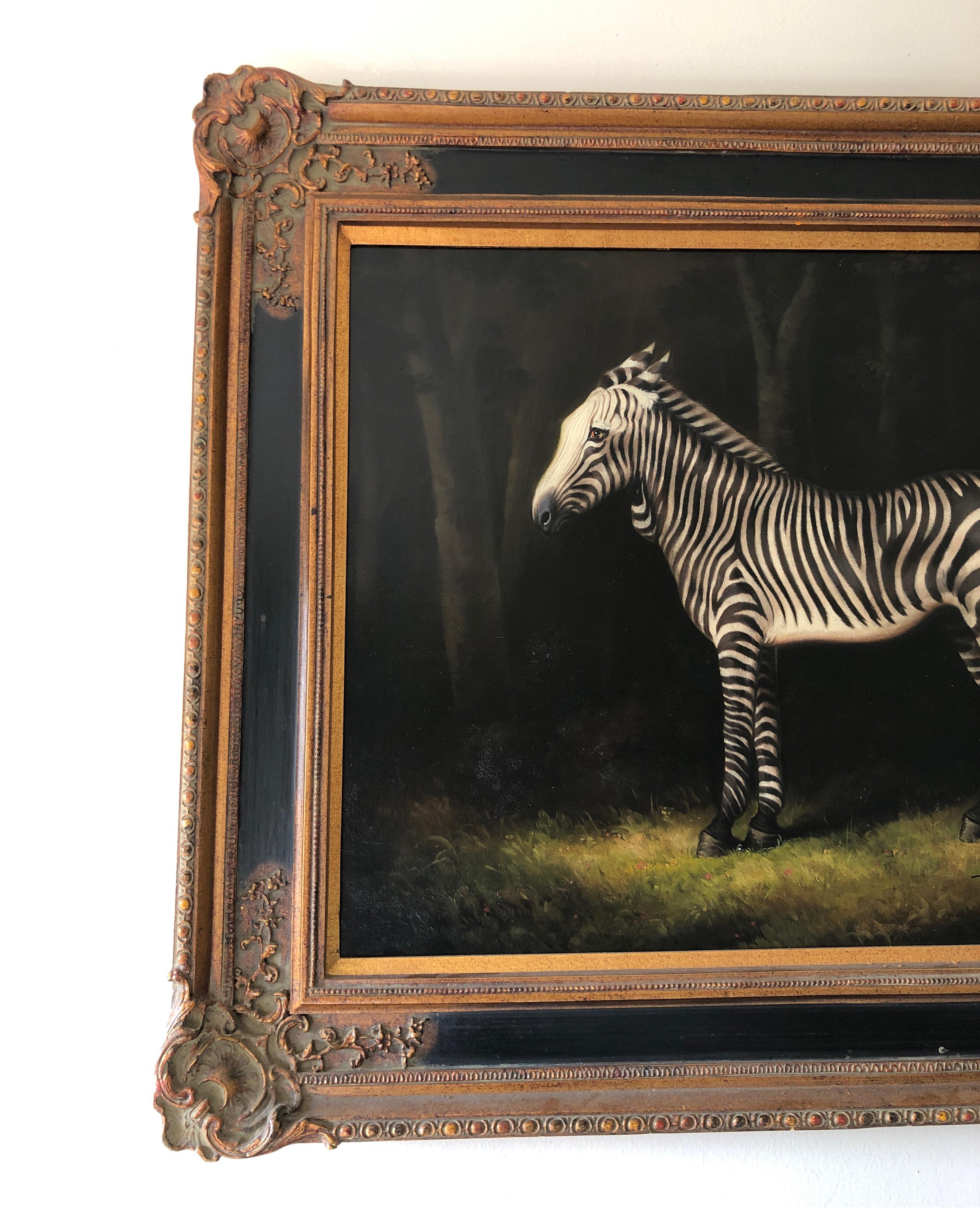 Portrait of a Zebra, standing, turned to the left, in a park. 
A really eye-catching copy on canvas of The First Zebra Seen in England originally by the prestigious George Stubbs.

Framed in ornate gold gilt and black carved frame.  Please note,